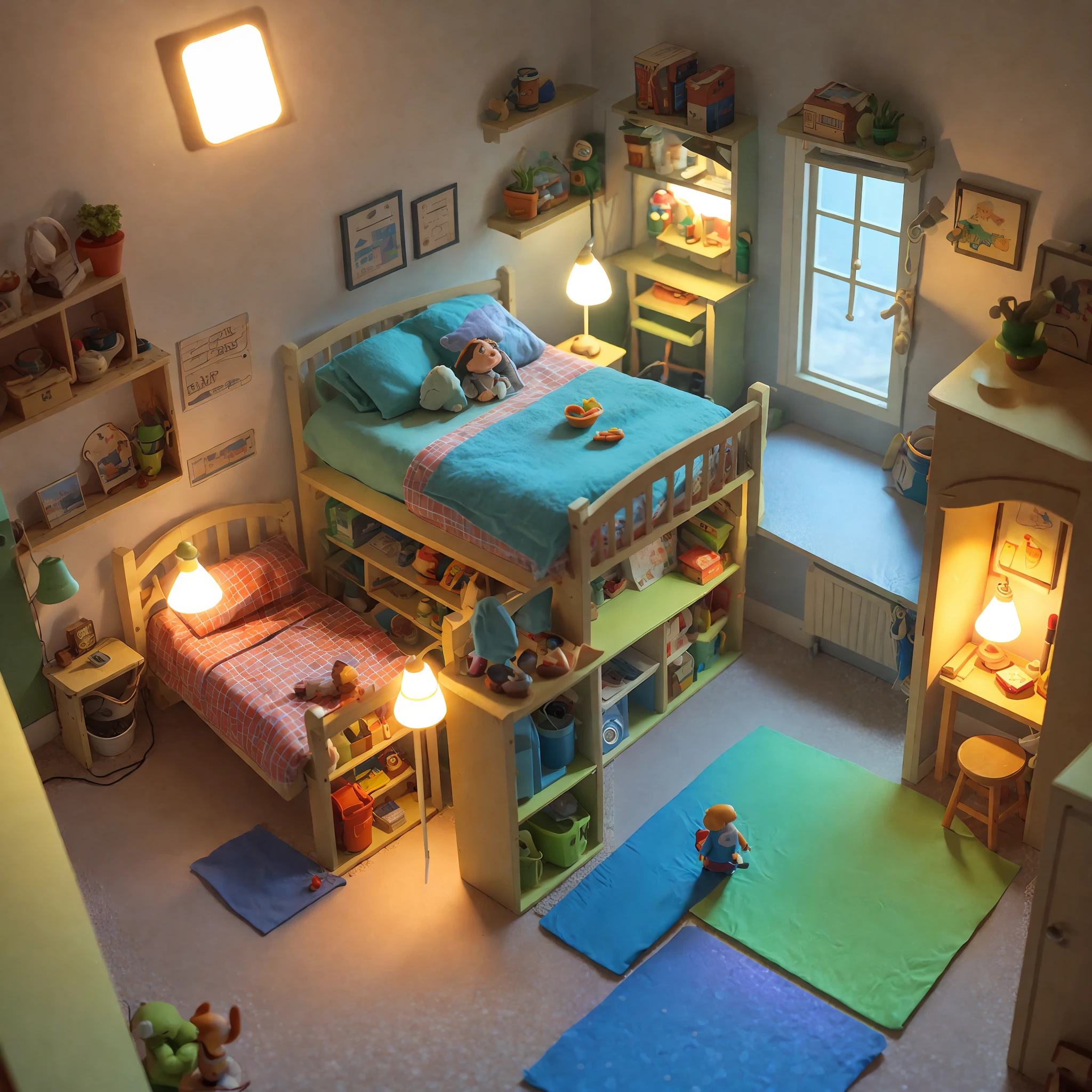 （Pixar style),A model of a cozy small room, miniature figure model, light source from right to left, 10 Rumbrandt lighting, light source from right to left, (isometric view), (top-down), realistic scale, post-processing, ((orthogonal perspective)), super detail, realistic, super realistic, realistic render, rainbow color, glitter