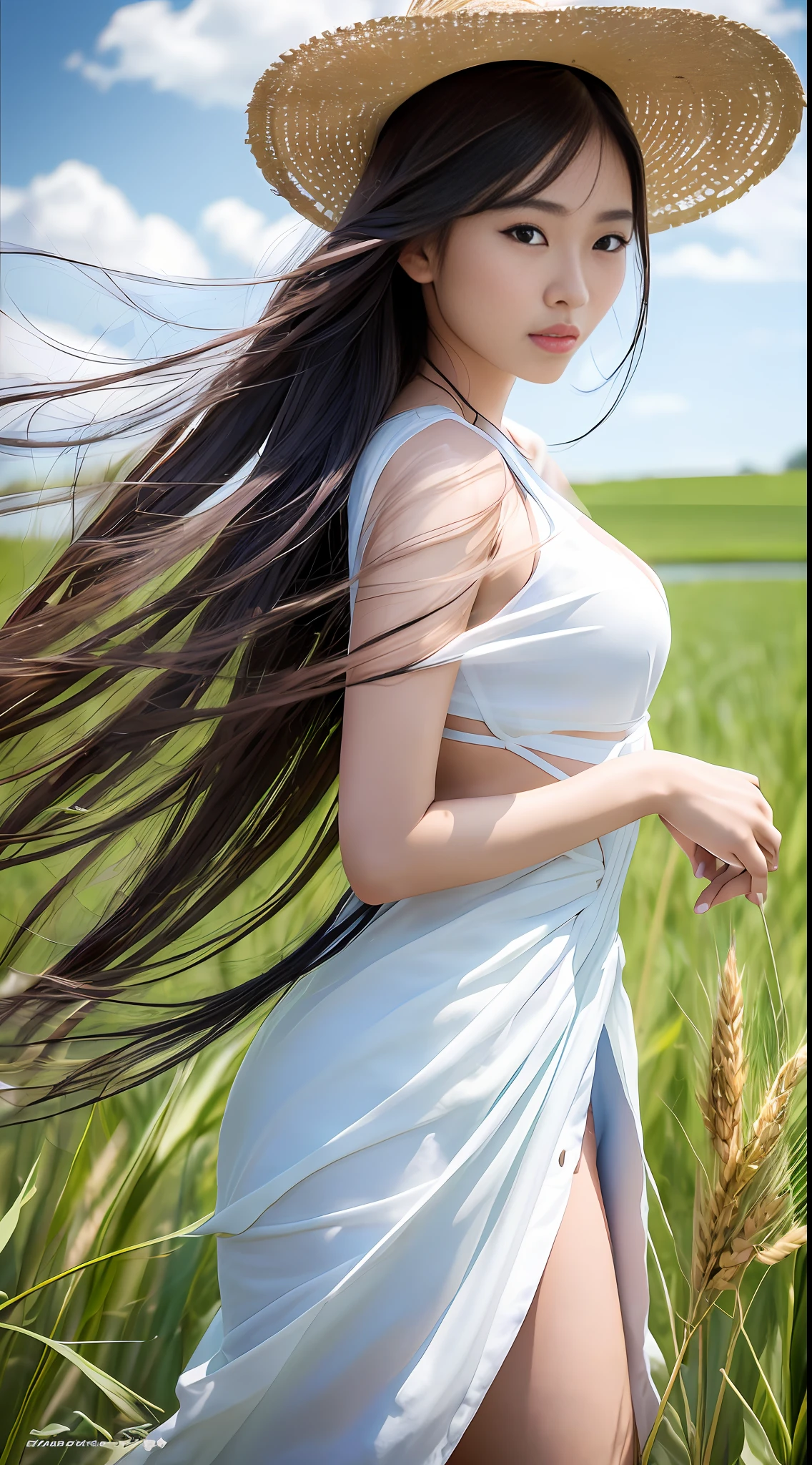 A young Asian beauty, tall, (supermodel figure: 1.5), bust photo, wearing a white gauze skirt, (standing in a paddy field: 1.5), endless ears of wheat, holding seedlings, blue sky and white clouds in the background, --v6