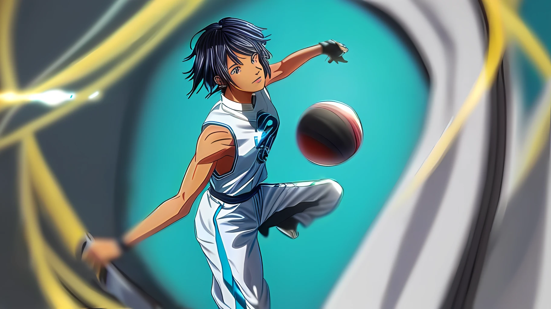 ((Black anime character)),(( 18 years old)), ((light blue hair with gradient white)), ((with a light blue basketball outfit)),(( anime image)), detailed image, 8k, 42k, maximum quality, dynamic lighting, rear angle, cinematic, vintage