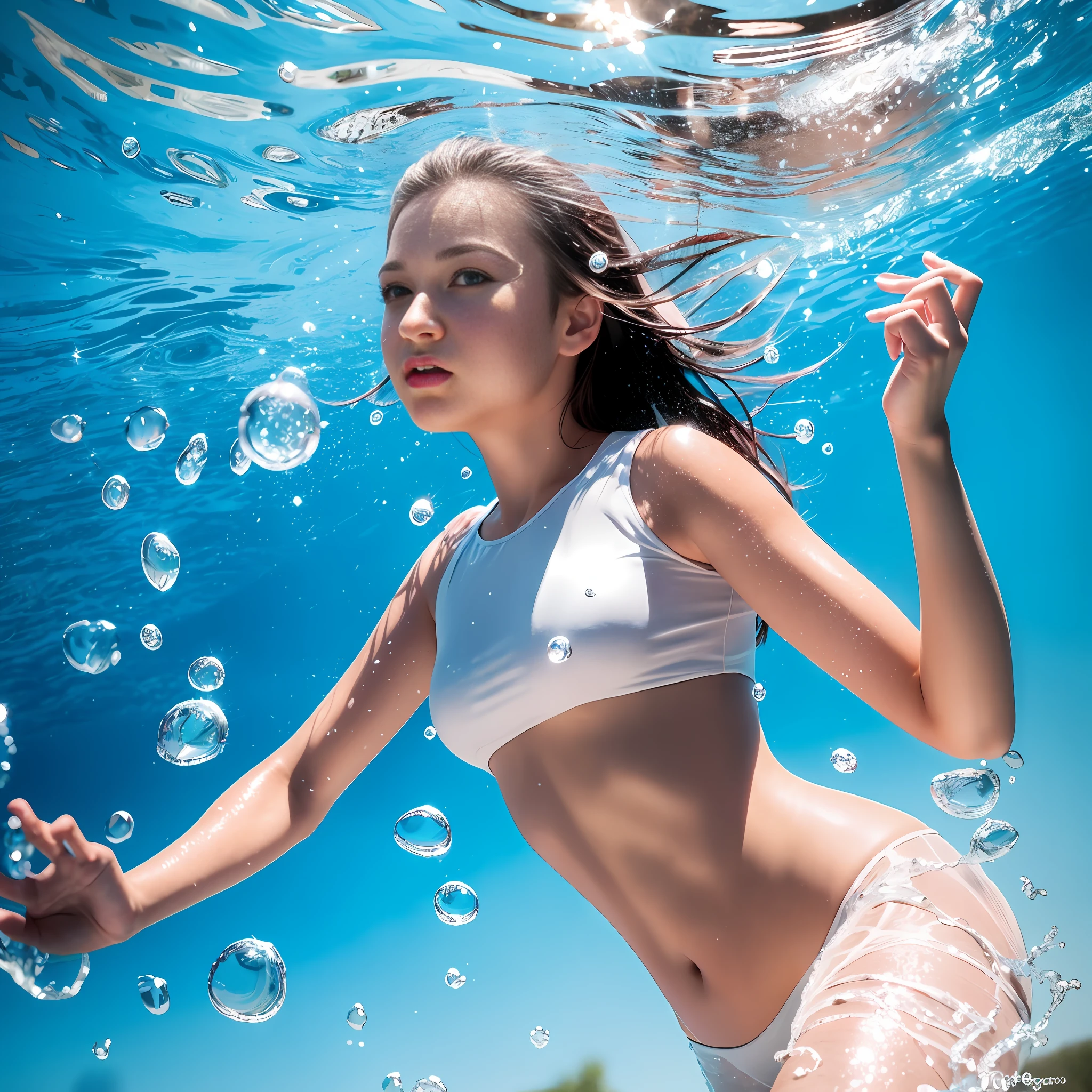 RAW, masterpiece, ultra-fine photo, best quality, ultra-high resolution, realistic, sunlight, portrait, clear and sharp, ,girl diving, face in water, looking ahead, the water is clear, , crystal clear bubbles,