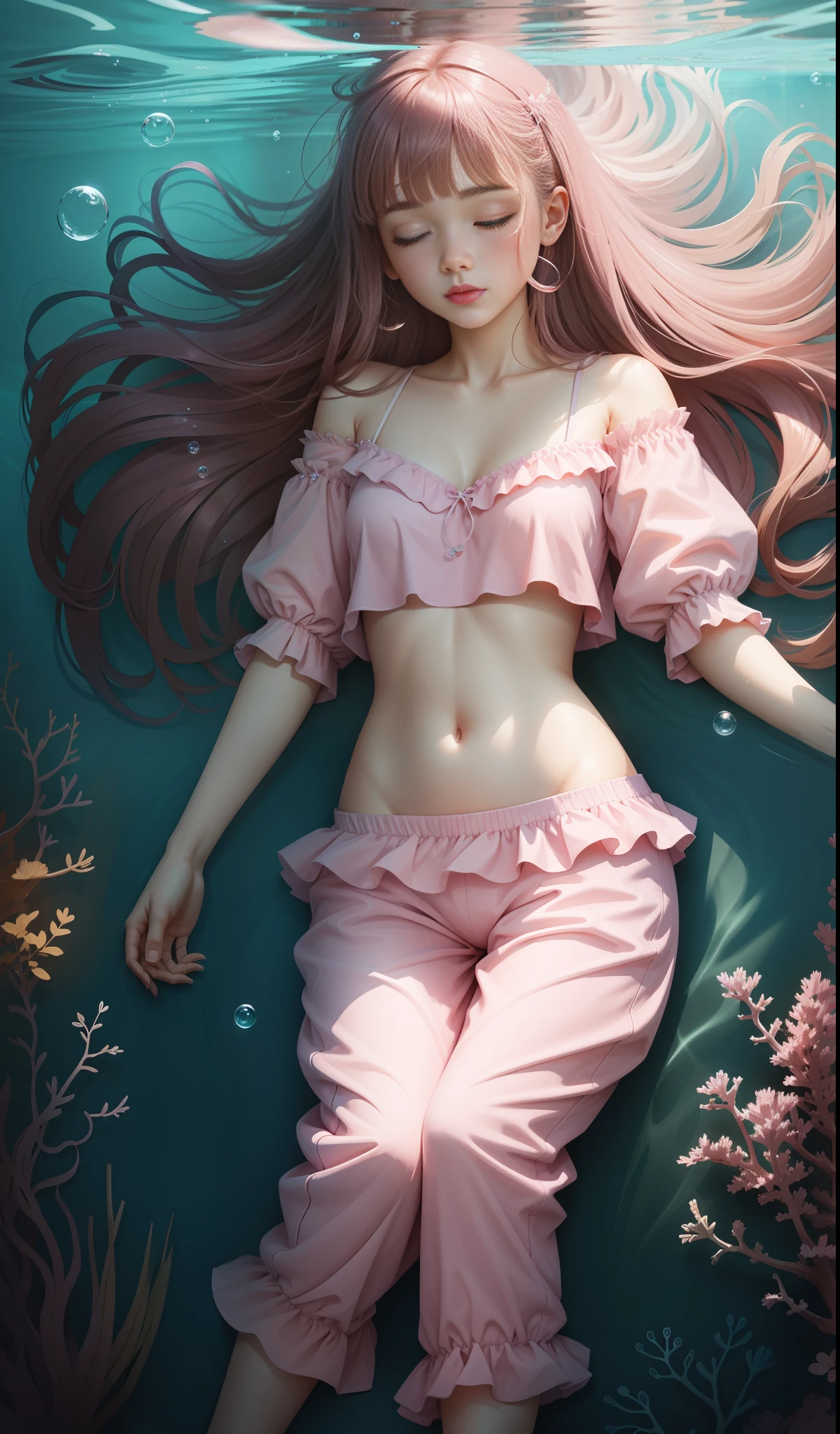 Sleeping girl, 22 years old, realistic, sleeping on a crystal bed in the water under the sea, she is wearing long pants, pink pajamas, brown hair, the water is clear, bubbles.
