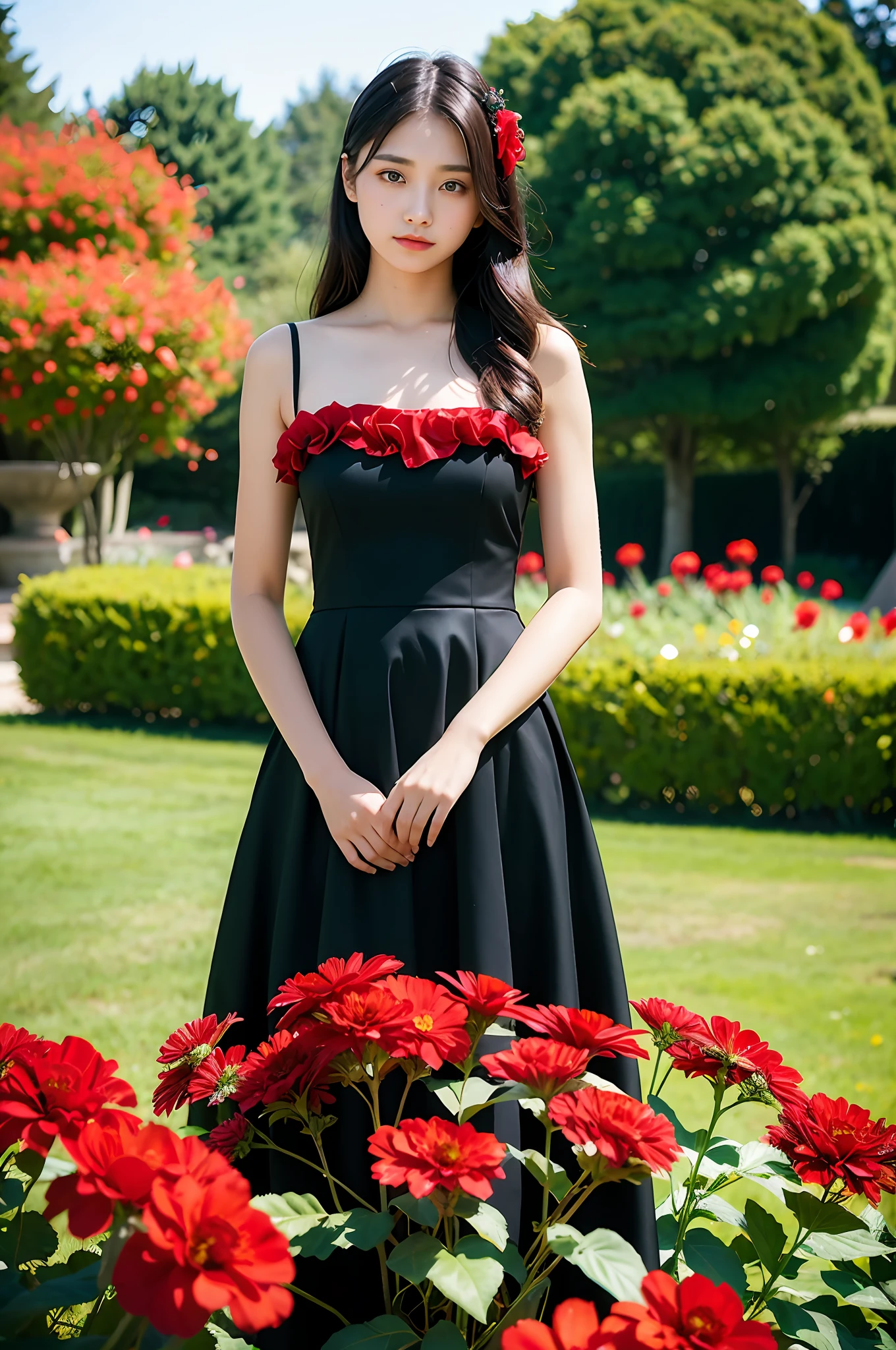 Dark theme, (best quality, masterpiece: 1.2), 18 year old girl in the garden, black dress, (red flower confusion in background: 1.3) same characters, different costumes