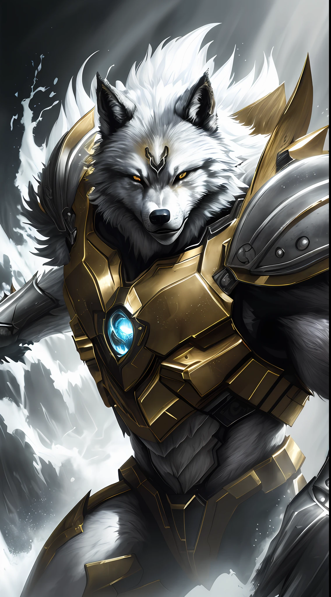 Beautiful cinematic realistic (oil painting:1.1) of a handsome (werewolf guardian , (samoyed:0.8)) , emerging, descending from  ( a big  misty dark ink splash on paper , silver and golden paint splash, dynamic lighting), hires, 8k, big detailed clear  silver eyes, detailed  body armor, 4 fingers, anthropomorphic,