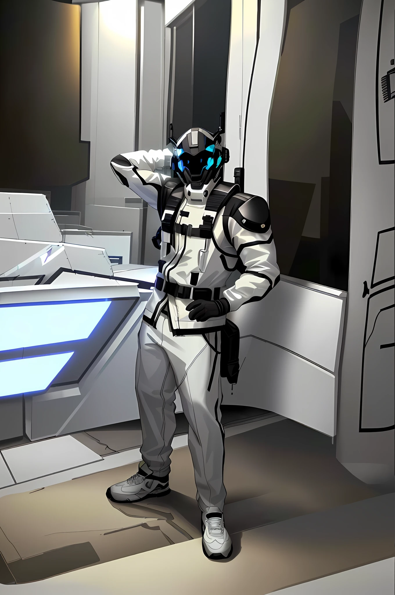(8k, RAW photo, masterpiece, best quality, high detailed, mastery:1.5), male, adult male, muscular male, brown skin!!, brown man, faceless, faceless male, masked, cyberpunk mask, cyberpunk helmet, futuristic helmet covering all of face, outfit, (white jacket, white longpants, flat pantofel shoes, futuristic gloves), cyberpunk city background, brigtness:0.8, lineart:1.5
