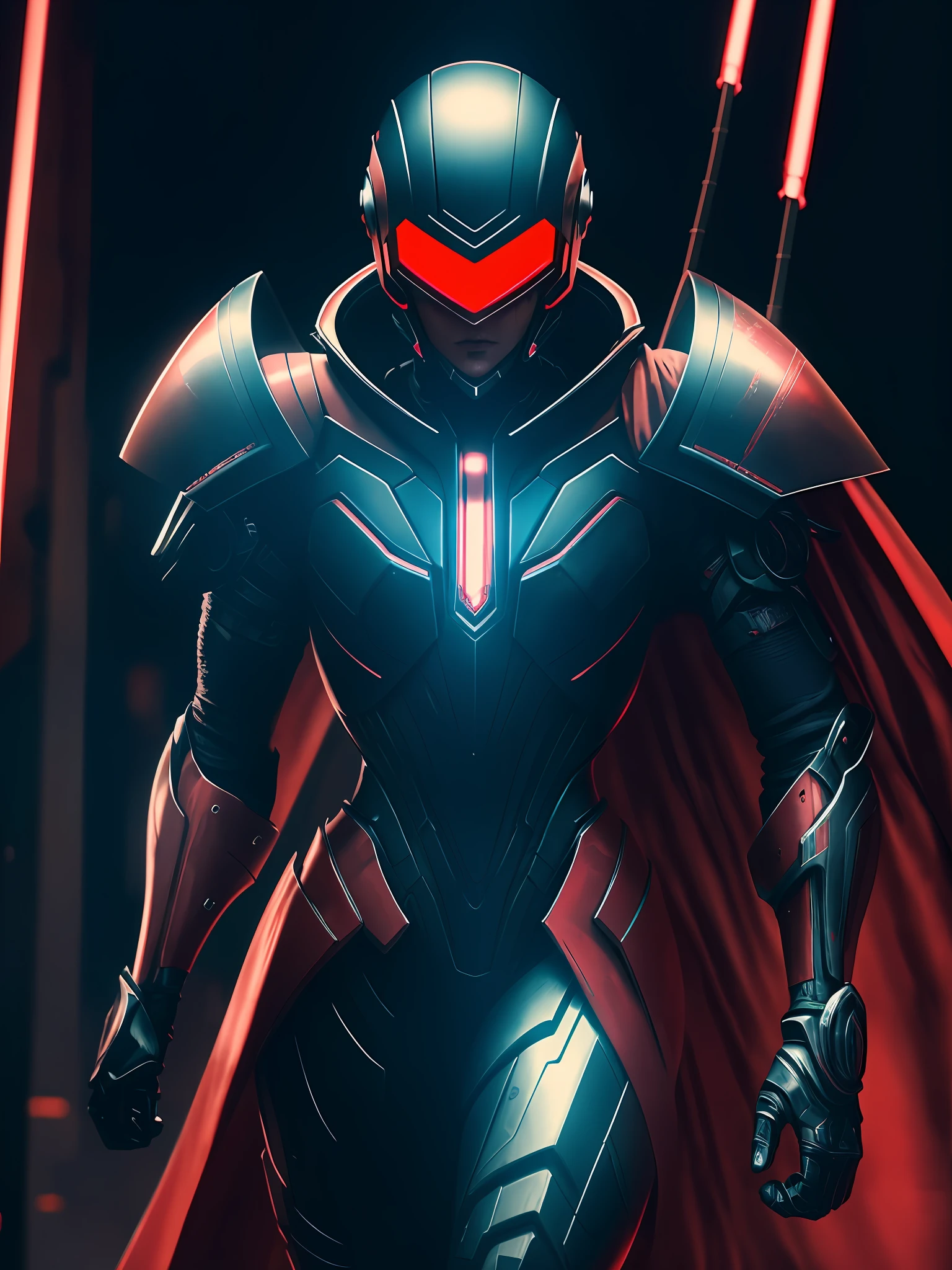 female cyborg in a fantastic glowing red knight cyberhelmet head, full body, battle stance, red and black reflective armorsuit, (elegent red cape), walking down the street organic, eye shield, diffuse lighting, fantasy, intricate, highly detailed, lifelike, smooth, sharp focus, (photorealistic:1.5), concept art, blood wires, blood tubes, dark room, dim light cyberpunk, blade runner,