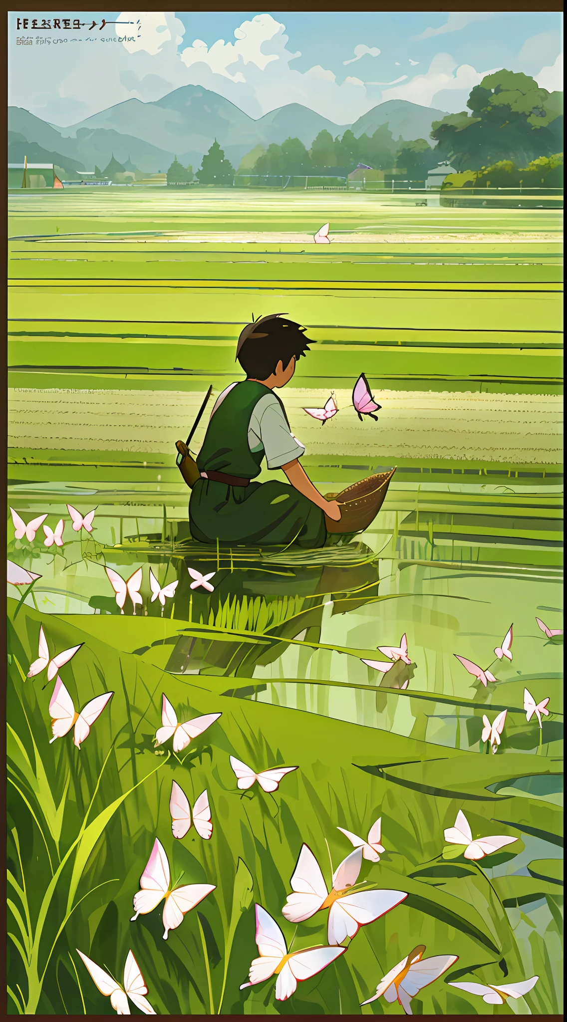 Masterpiece, best quality, Mangseed poster design, poster, mangseed, rice field, stream, nature, 1 boy catching butterfly, Miyazaki manga style, summer, healing