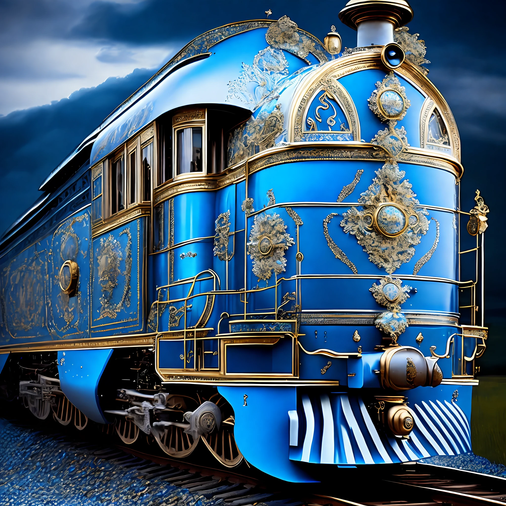 A steam train, white car paint: 1.2, blue diamond embellishments, baroque elements, gold, prestige, luxury, masterpiece, hyperdetail, realism, super realism, complex elements, photography