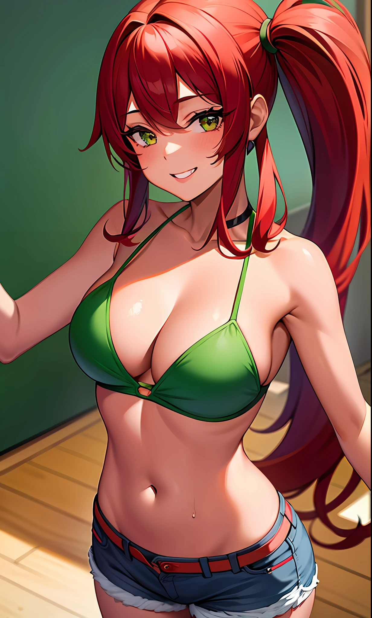 1girl, masterpiece, best quality, medium full shot, red long ponytail, green bikini, jean shorts, busty, tanned skin, smiling, sexy pose