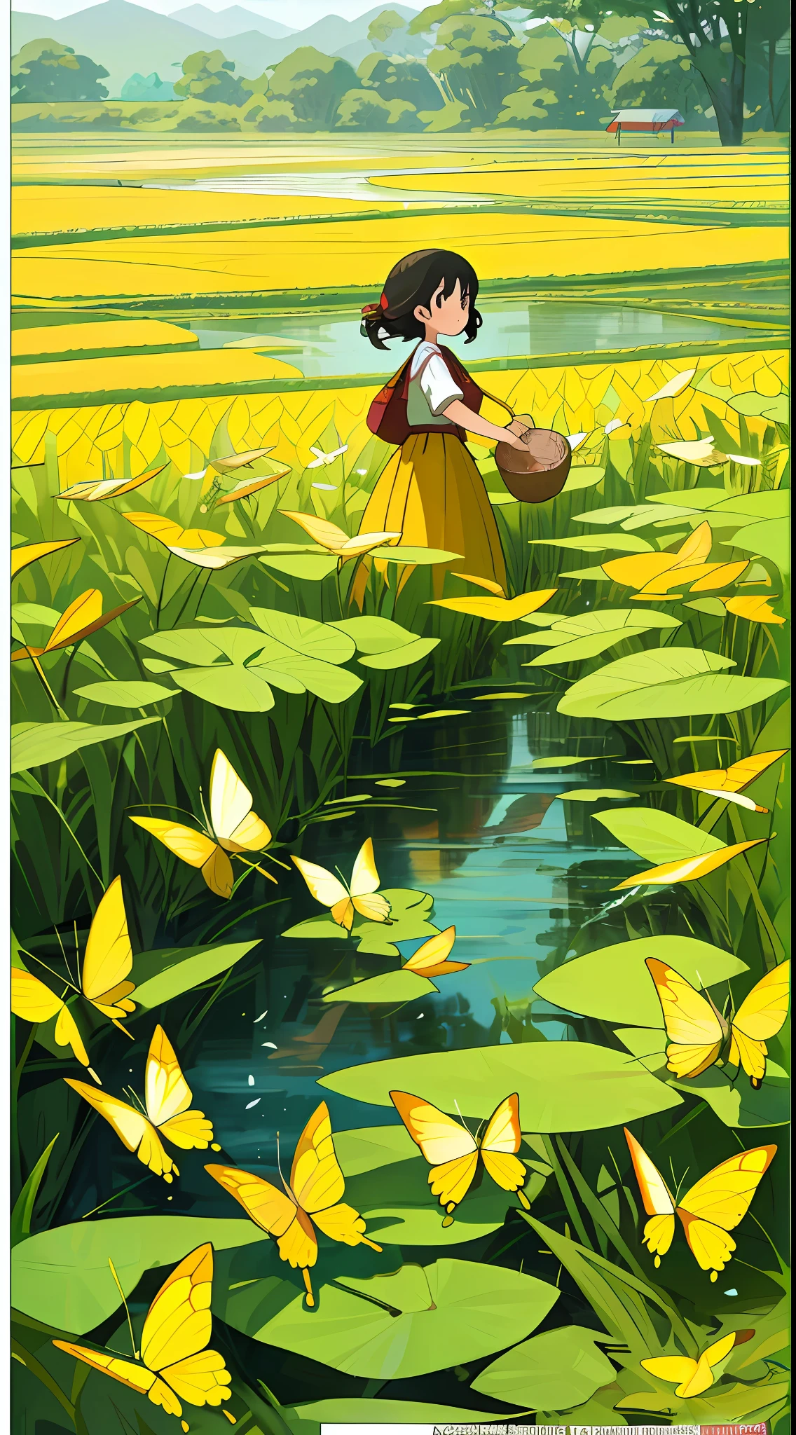 Masterpiece, best quality, mango poster design, poster, mangseed, rice field, stream, nature, 1 girl catching butterflies, miyazaki manga style, summer, healing