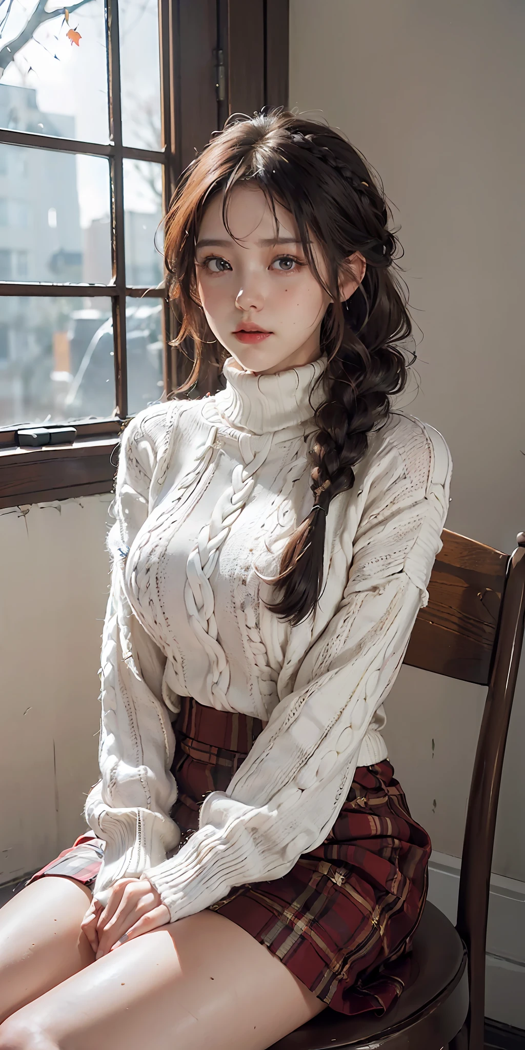 ((8k, RAW photos, top quality, masterpieces), high-definition RAW color photos professional close-up photos, (realistic, photorealism: 1.37), (highest quality), (best shadows), (best illustrations), collarbones ((big)), ((erotic, sexy, ultra high resolution, high-definition CG unified 8K wallpapers, physically based rendering, movie lighting), (aegyo sal:1), 18-year-old girl, (Hand knitted sweater with long white turtleneck: 1.2), (Red plaid pleated skirt: 1.2),( Do not put the hem of the sweater inside the skirt, long sleeves: 1.2)), Beauty salon, Beautiful detail eyes, Light on the face, ((Full body shot: 1.2)), Particularly strong light,(Very red cheeks: 1.2),(Shy look:2),Glossy skin,( thick thighs), ulzzang-6500-v1.1:0.2, shy, (flash: 1.2), NSFW, (hairstyle is one thick braid: 1.2), (puffy, (seductive posture: 1.2, attractive: 1.2)), (idol), ((sitting in a stylish and atmospheric beauty salon chair)), ((good anatomy: 1.2)), ((autumn atmosphere)),