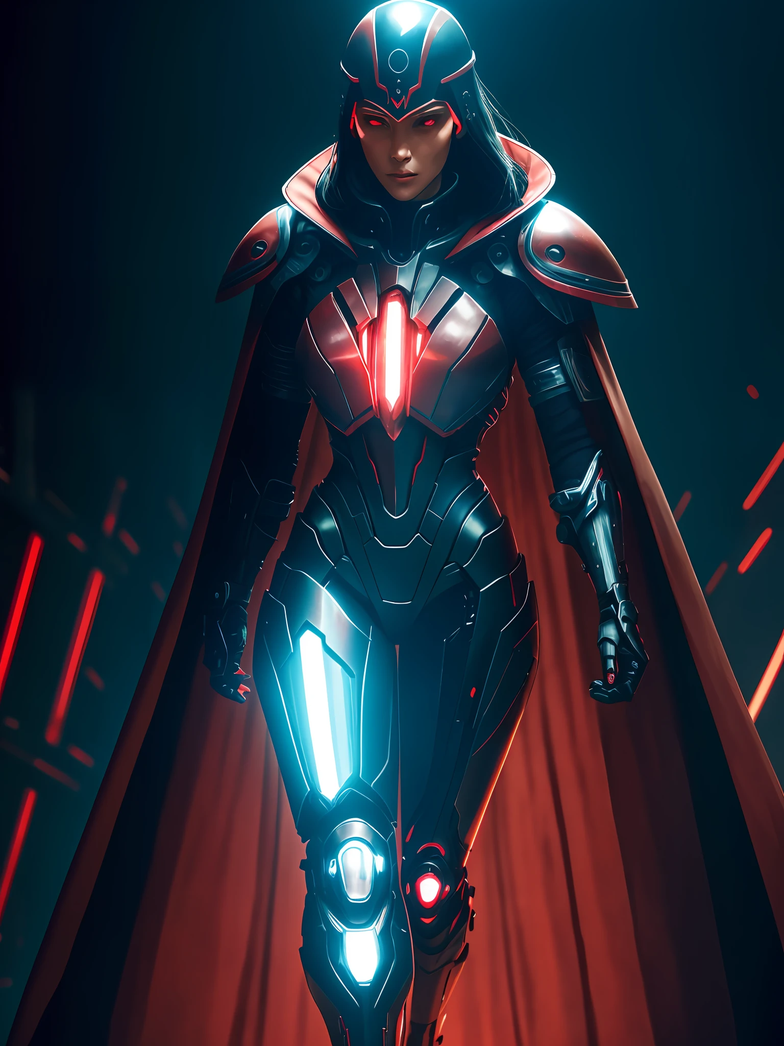 female cyborg in a fantastic glowing red knight cyberhelmet head, full body, battle stance, red and black reflective armorsuit, (elegent red cape), walking down the street organic, eye shield, diffuse lighting, fantasy, intricate, highly detailed, lifelike, smooth, sharp focus, (photorealistic:1.5), concept art, blood wires, blood tubes, dark room, dim light cyberpunk, blade runner,