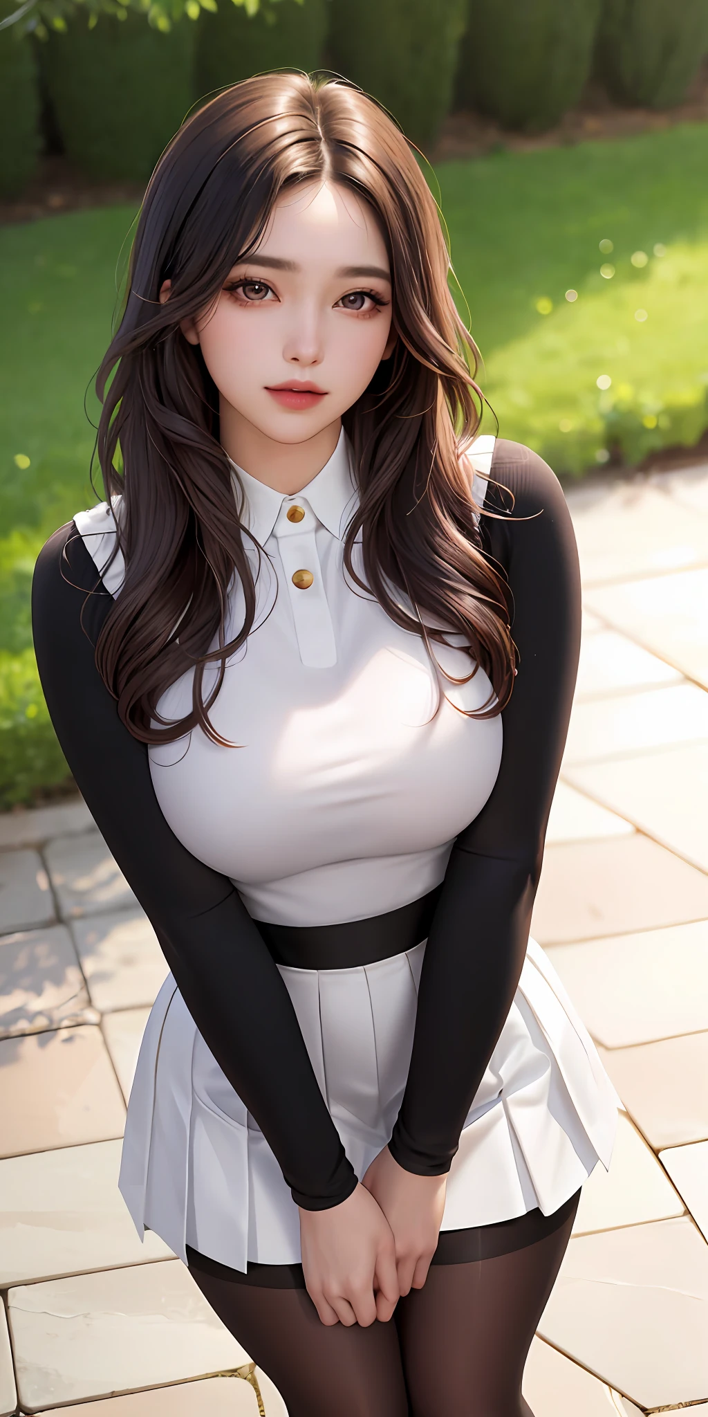 RAW, 1girl, pure eros face, solo, colorful, (masterpiece, best quality: 1.3), (absurdity: 1.3), (realistic:1.3), (detailed skin: 1.3, detailed face: 1.3), standing, beautiful face, beautiful eyes, detailed eye portrayal, perfect makeup, looking at the audience, sharp focus, delicate, (beautiful cute_girl:1.3), curvy, (small breast: 1.2, thick thighs: 1.2, ), long eyelashes, (shiny skin), light smile, wavy long hair, (big_eyes:1.2, brown_eyes), (black_gloss_eyeshadow:1.2), pink_lips, white JK uniform, black pleated skirt, (black_pantyhose), rose garden background, full body, (clear sky: 1.3), (sunlight: 0.5), (Complete Five Fingers:1.2)