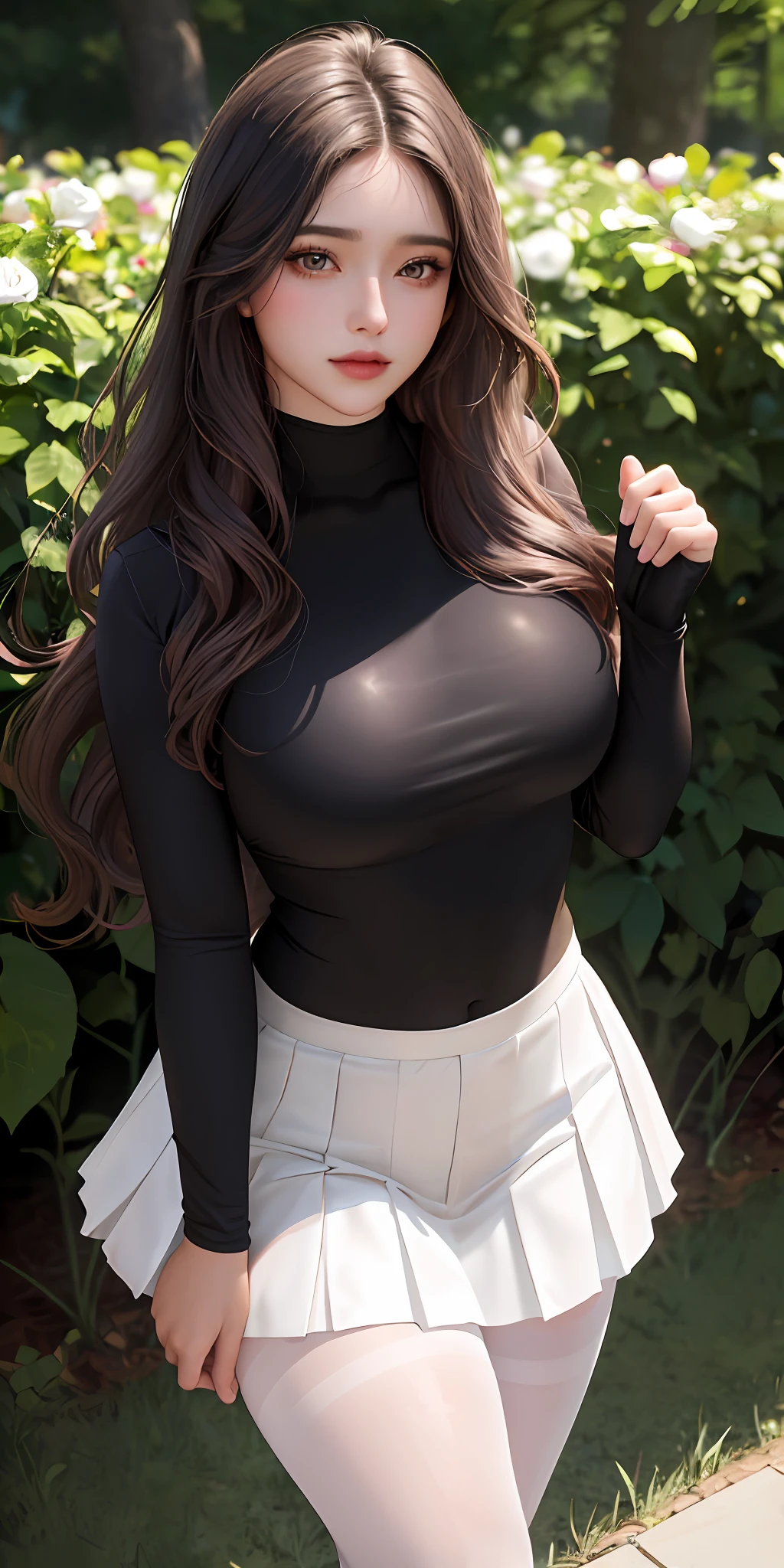 RAW, 1girl, pure eros face, solo, colorful, (masterpiece, best quality: 1.3), (absurdity: 1.3), (realistic:1.3), (detailed skin: 1.3, detailed face: 1.3), standing, beautiful face, beautiful eyes, detailed eye portrayal, perfect makeup, looking at the audience, sharp focus, delicate, (beautiful cute_girl:1.3), curvy, (small breast: 1.2, thick thighs: 1.2, ), long eyelashes, (shiny skin), light smile, wavy long hair, (big_eyes:1.2, brown_eyes), (black_gloss_eyeshadow:1.2), pink_lips, white JK uniform, black pleated skirt, (black_pantyhose), rose garden background, full body, (clear sky: 1.3), (sunlight: 0.5), (Complete Five Fingers：1.2）