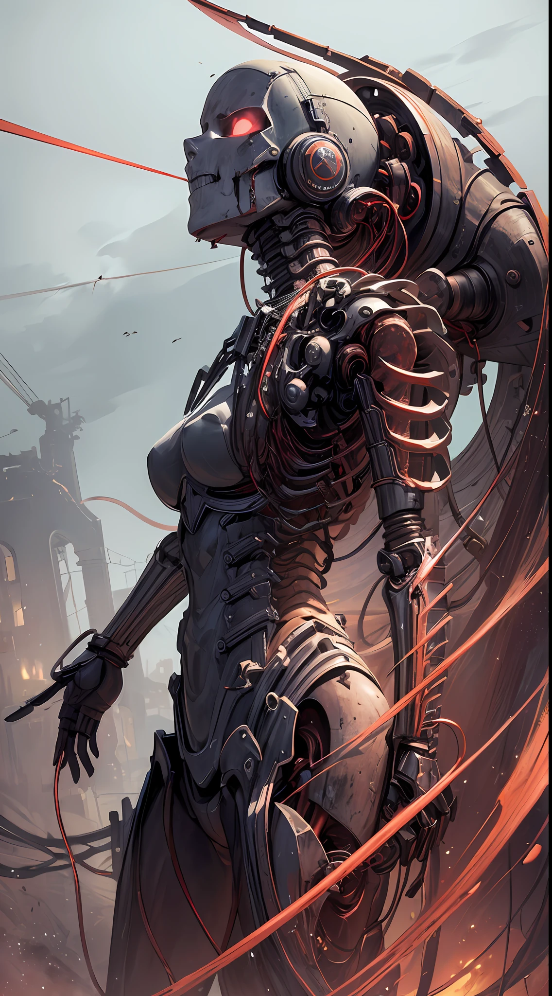 (((Masterpiece))), ((Best Quality)), (Super Detail), (CG Illustration), (Very Evil and Beautiful)), Cinematic Light, ((1 Mechanical Girl)), Single, (Mechanical Art: 1.4), ((Mechanical Limb)), (Blood vessel attached to a tube), ((Mechanical spine attached to the back)), ((Mechanical cervical vertebrae attached to the neck),((dark tones)), inexpressive, (wires and cables attached to the head and body: 1.5), Science Fiction, Apocalypse,  Ruins, (Lower Body Integrated with Mechanical Devices), (Blood: 1.5), Cruelty, Absurdity, Erophlotesque, Merging with Machines, Doomsday Time, Super Future, Inorganic, Laboratory, Limitations