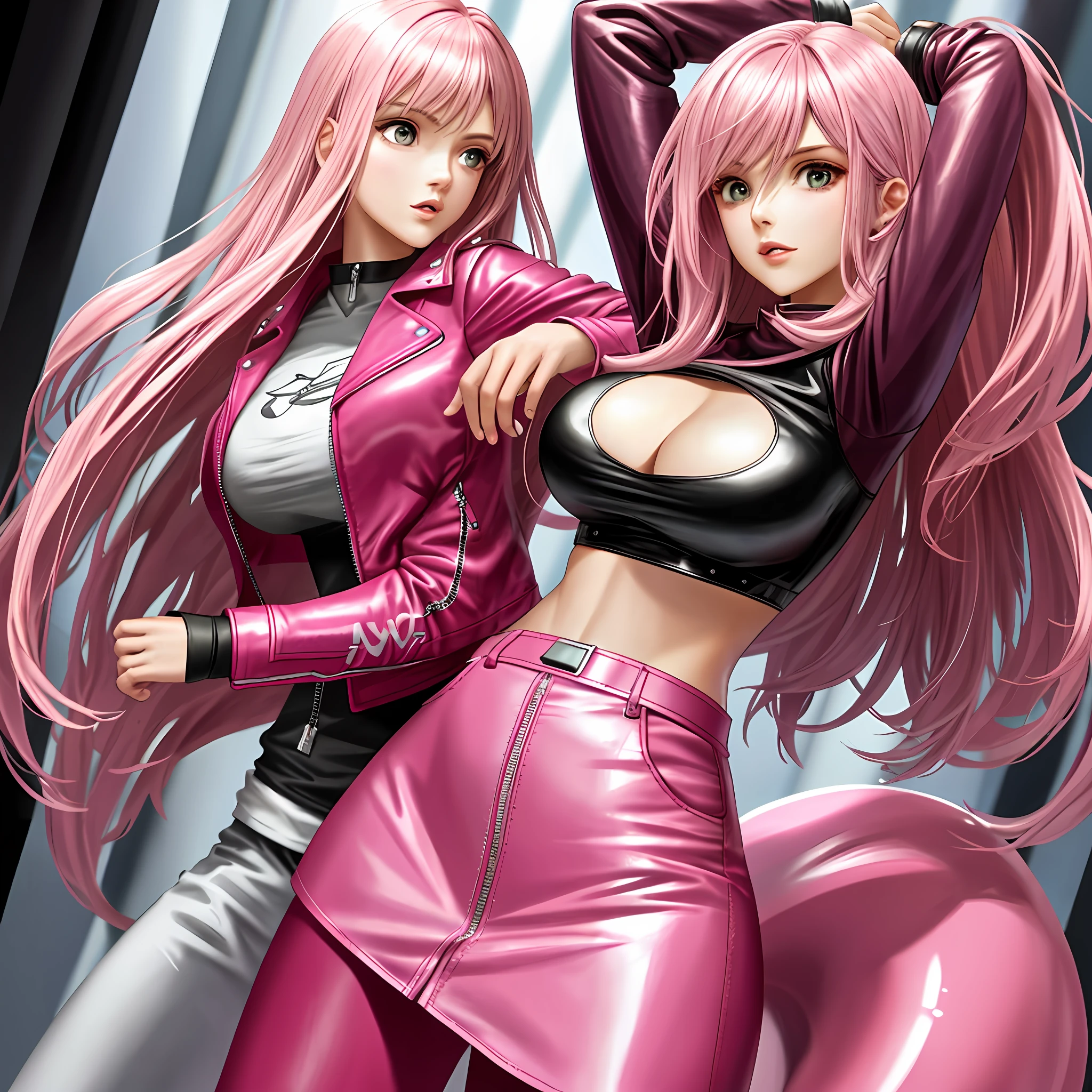 Pink Leather Jacket Pink T-Shirt Leather Pants Big Tits Older Sister Beauty Long Hair