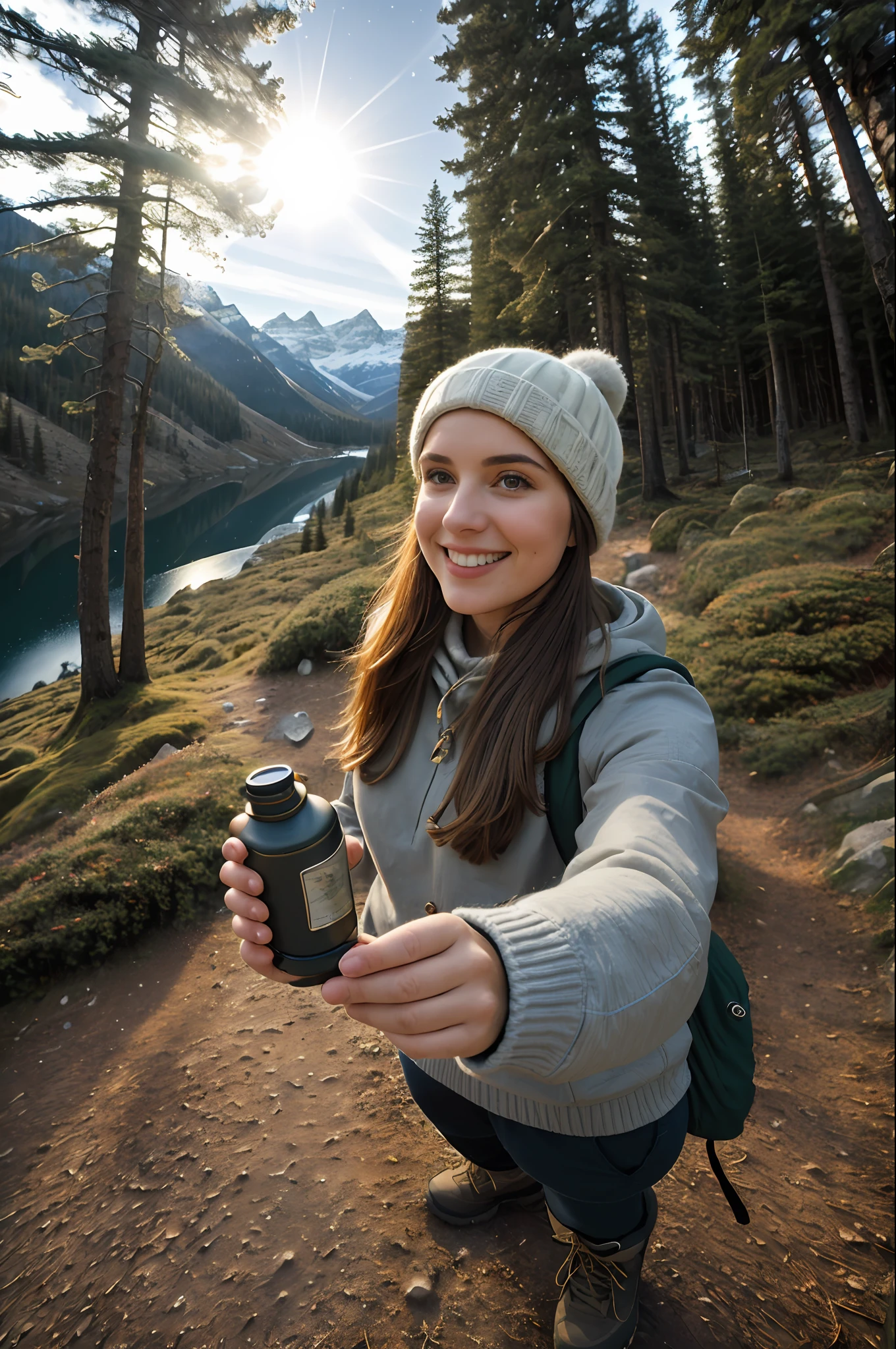 1 woman ((upper body selfie, happy)), masterpiece, best quality, ultra-detailed, ground, outdoor, (night), mountains, nature, (stars, moon) cheerful, happy, backpack, bag sleeping, camping stove, water bottle, mountain boots, gloves, sweater, hat, lantern, forest, stones, river, wood, smoke, shadows, contrast, clear sky, style, (warm hue, warm tone)