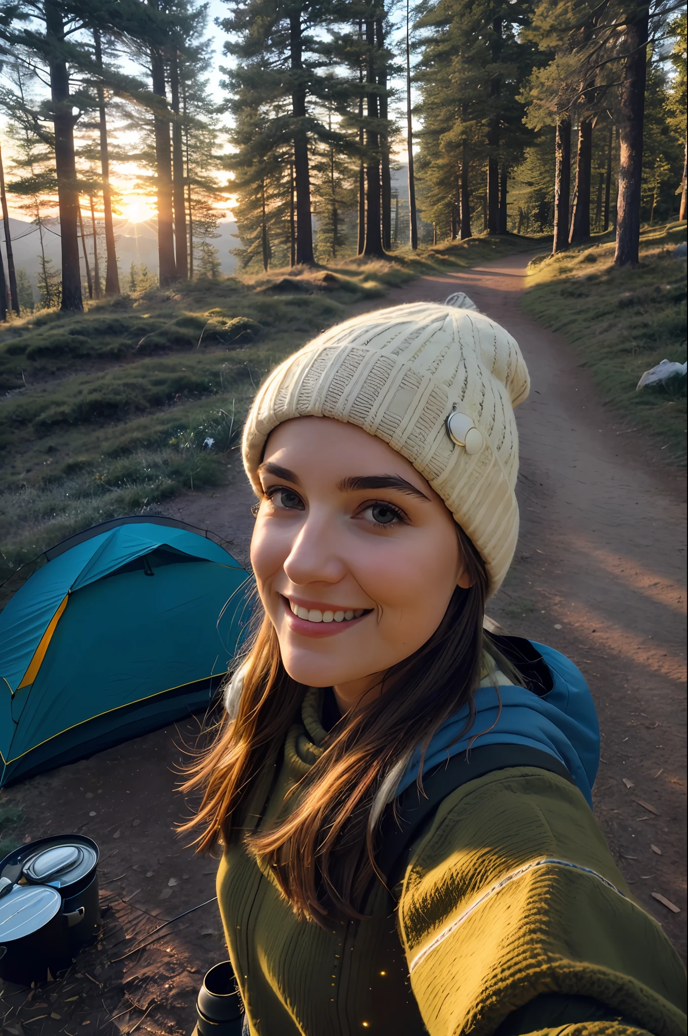 1 woman ((upper body selfie, happy)), masterpiece, best quality, ultra-detailed, ground, outdoor, (night), mountains, nature, (stars, moon) cheerful, happy, backpack, bag sleeping, camping stove, water bottle, mountain boots, gloves, sweater, hat, lantern, forest, stones, river, wood, smoke, shadows, contrast, clear sky, style, (warm hue, warm tone)