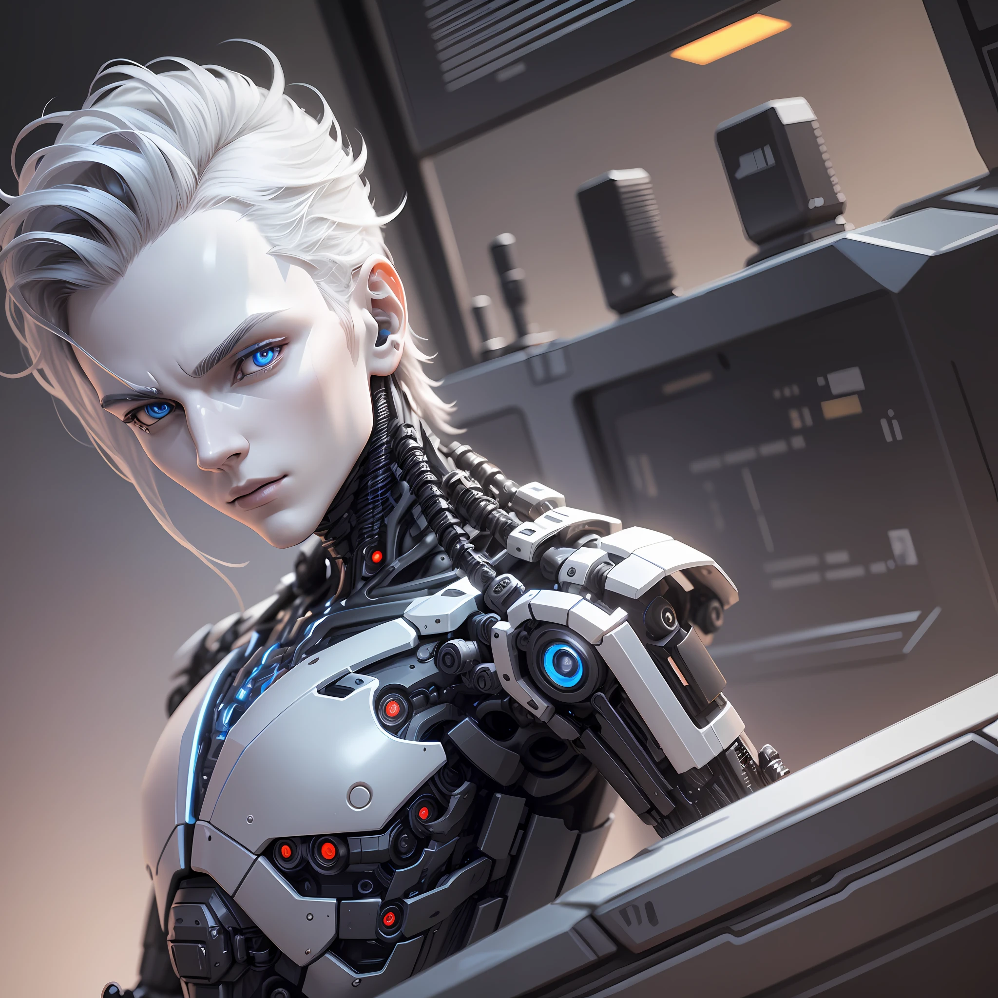 beautiful porcelain boy android face, slim black organic cyborg, black plastic, robotic parts, black mechanical body, arms prostheses, solo, machine-made joints, mechanical limbs, science fiction, the end times, cyberpunk