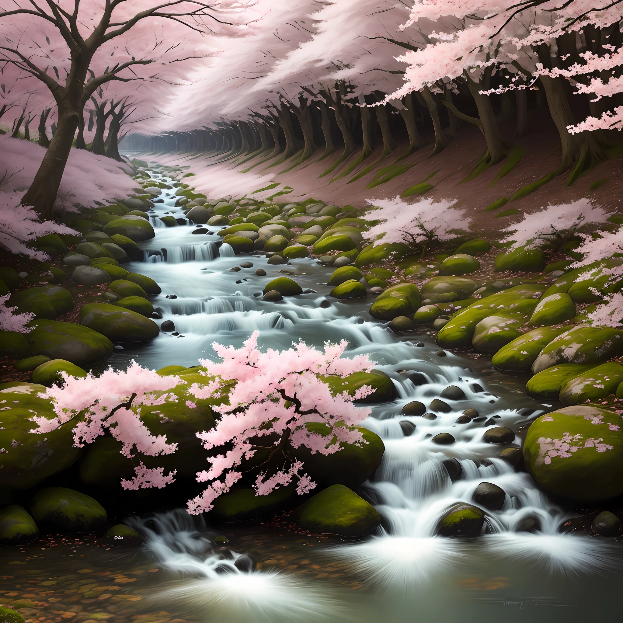 Cherry blossom forest, by the stream