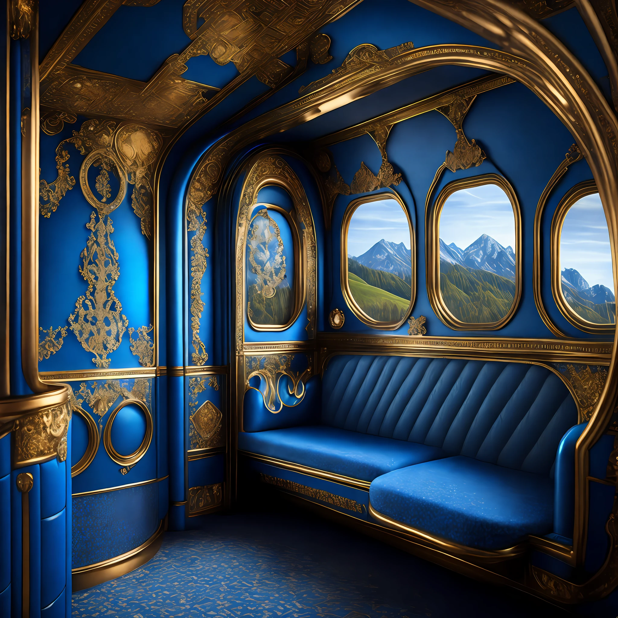 A steam train interior, carriage interior, blue diamond embellishments, baroque elements, gold, prestige, luxury, masterpiece, hyper-detail, realistic style, super real, complex elements, photography