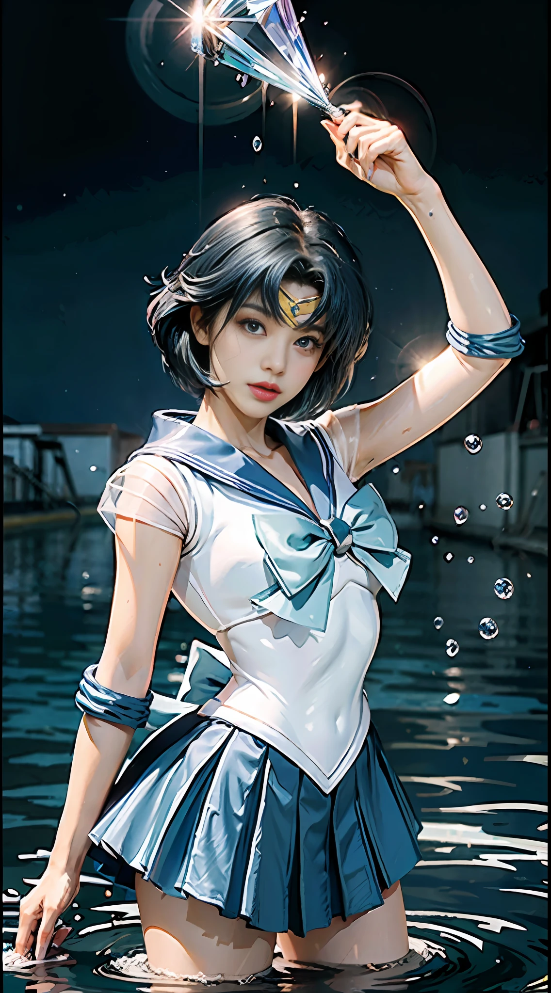 Best Quality, Masterpiece, Ultra High Resolution, (Realism: 2), Original Photo, A Twenty-Year-Old Girl, (Sailor Moon: 2.1) ((Ami Mizuno/Sailor Crystal, Sailor Mercury)), Charming Smile, Short Hair, Short Blue Hair, Vibrant Blue Eyes, Short Skirt, Looking at the Viewer, Mercury in the background, Dynamic Pose, OC Rendering, Water Splashing