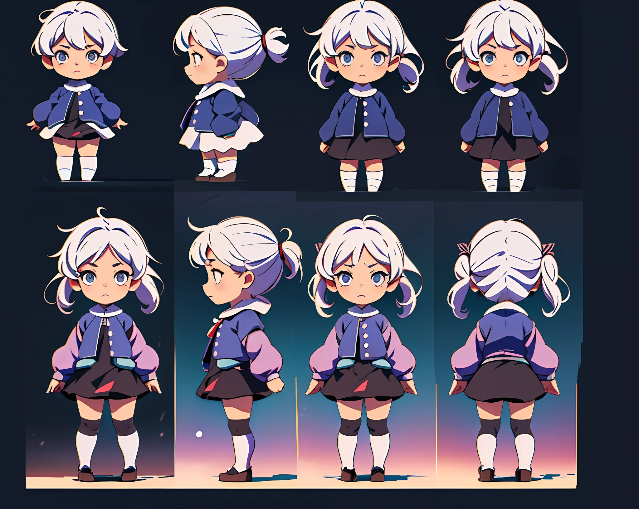 (Character Design Sheet, Same Character, Front, Side, Back), Multi-View, Full Body, Chibi, (Simple Background, White Background: 1.3) JK Uniform
