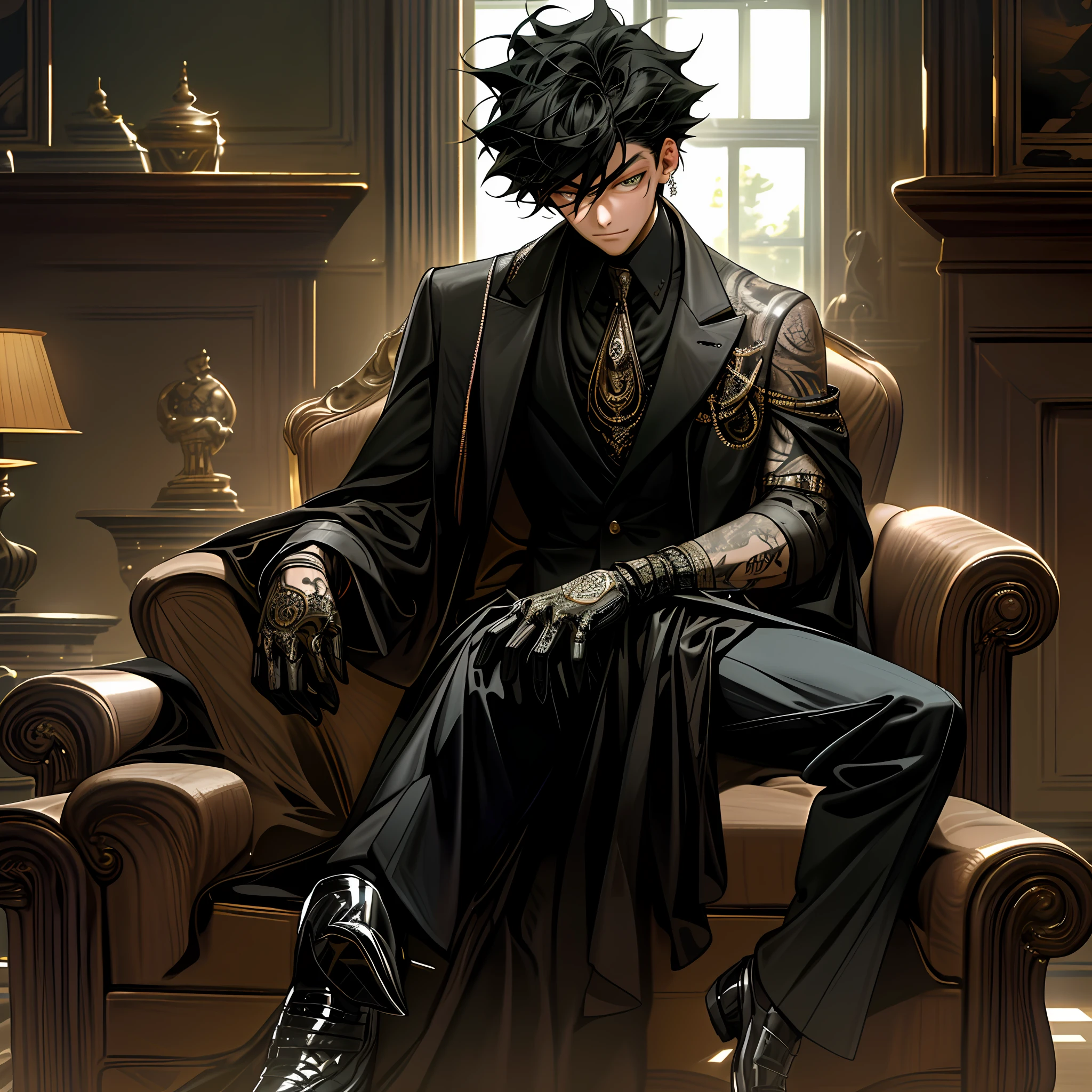 1boy, 20-year-old boy, black hair, phoenix eyes, delicate face, stud earrings, tattoos, suit and leather shoes, president, black gloves, in luxuriously renovated office, sitting on sofa, backlit, half-length close-up, best picture quality, master work