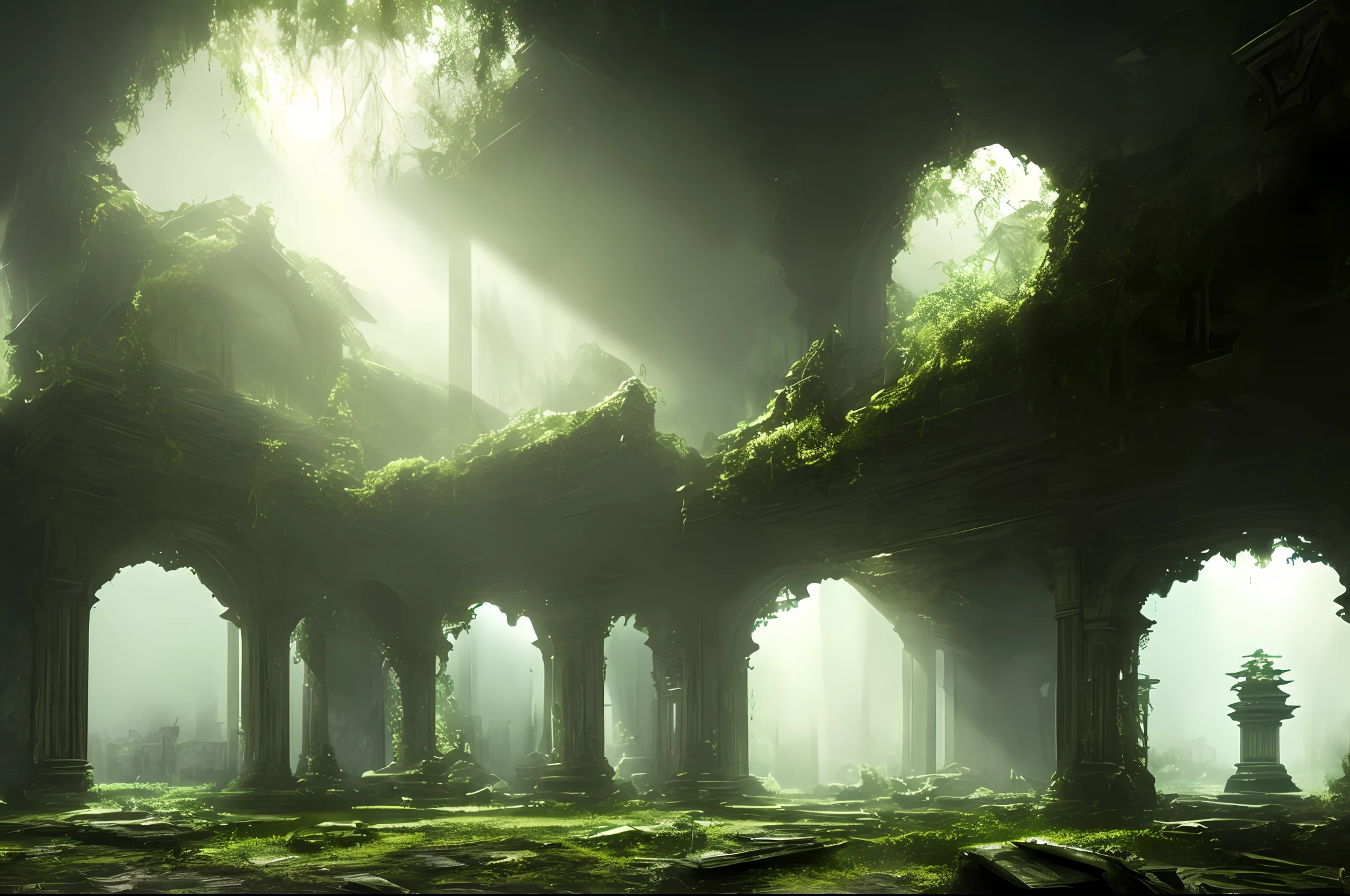 wallpaper, a ruined (mossy:0.8) temple interior, anime art, volumetric fog, fantasy, fantastic style, beam of light from window, cracked blackboard, deserted, old, volumetric lighting, depth of field, ambient occlusion, dramatic lighing, cinematic light