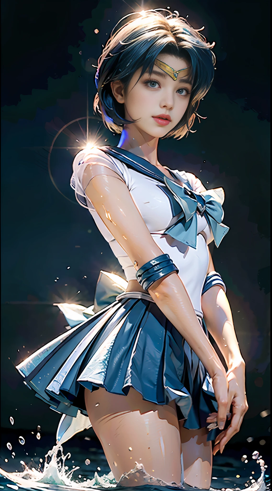 Best Quality, Masterpiece, Ultra High Resolution, (Realism: 2), Original Photo, A Twenty-Year-Old Girl, (Sailor Moon: 2.1) ((Ami Mizuno/Sailor Crystal, Sailor Mercury)), Charming Smile, Short Hair, Short Blue Hair, Vibrant Blue Eyes, Short Skirt, Looking at the Viewer, Mercury in the background, Dynamic Pose, OC Rendering, Water Splashing