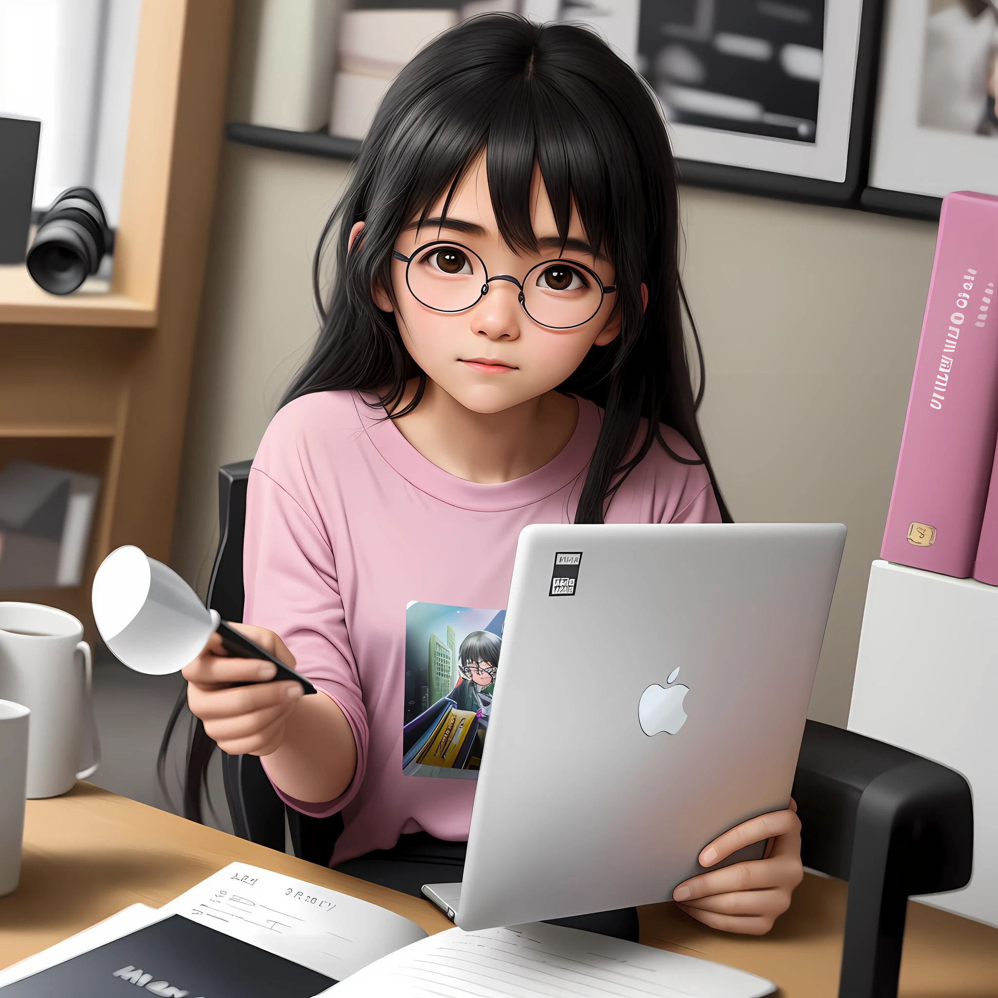 4k, realista, charismatica, muito detarhada, "ultra-realistic 12 year old girl with black hair and round glasses, Japan person, pink anime girl and drawing in white t-shirt. She is in a modern office with white bookshelves, studying, looking at notebooks, at a table cluttered with study materials, laptops and Harry Potter mugs. Next to it is a professional Nikon camera. Her expression is one of concentration. It's a realistic view in pastel colors, with a 1.80m tall person looking at it from a 30-degree angle."