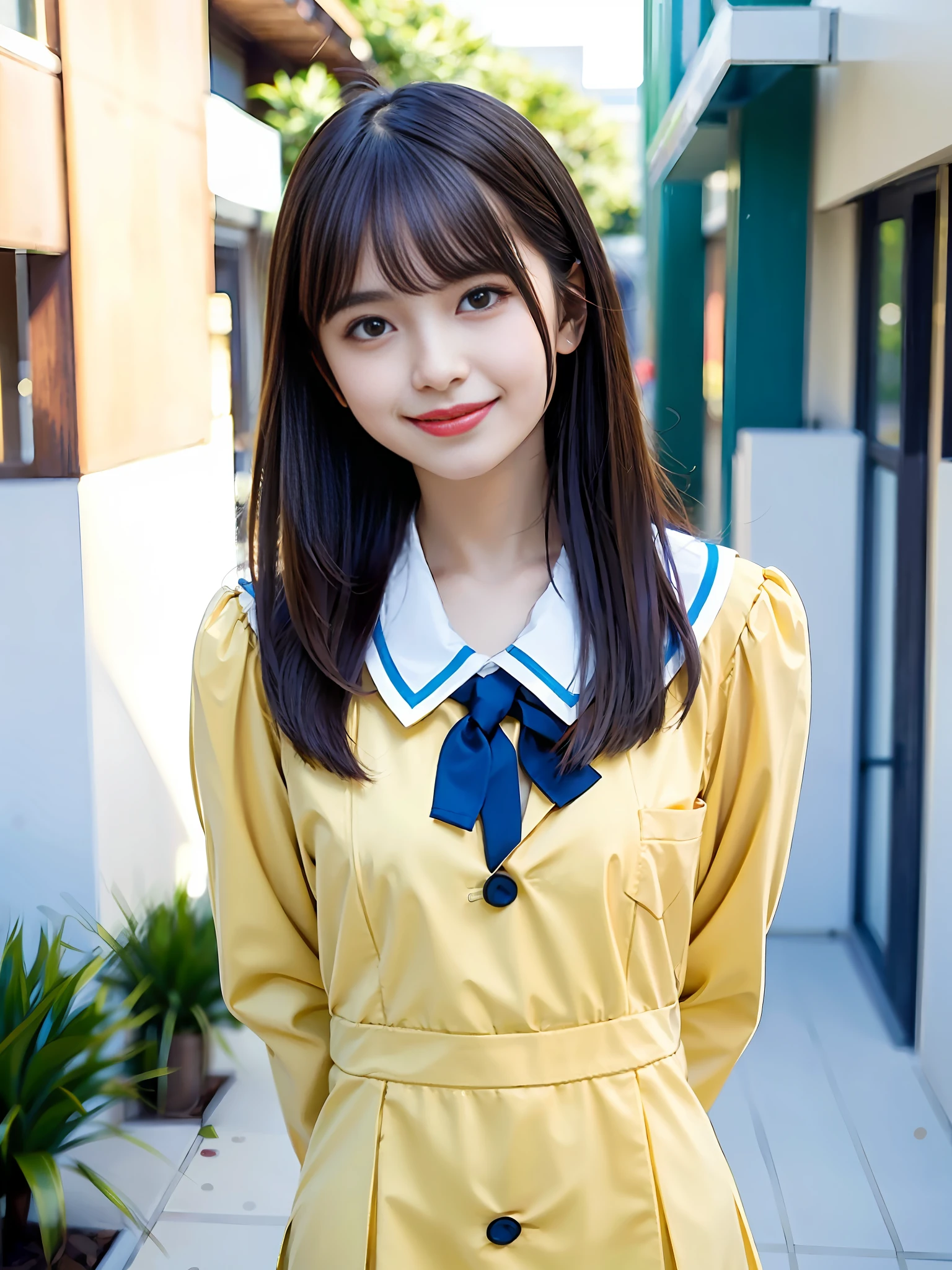 1 Girl, Solo, (Best Quality), (Masterpiece: 1.1), Full Body, looking_at_viewer, Dynamic Angle, School Uniform, Cute, Clear Facial Skin, School, Smile, Hands Behind Back