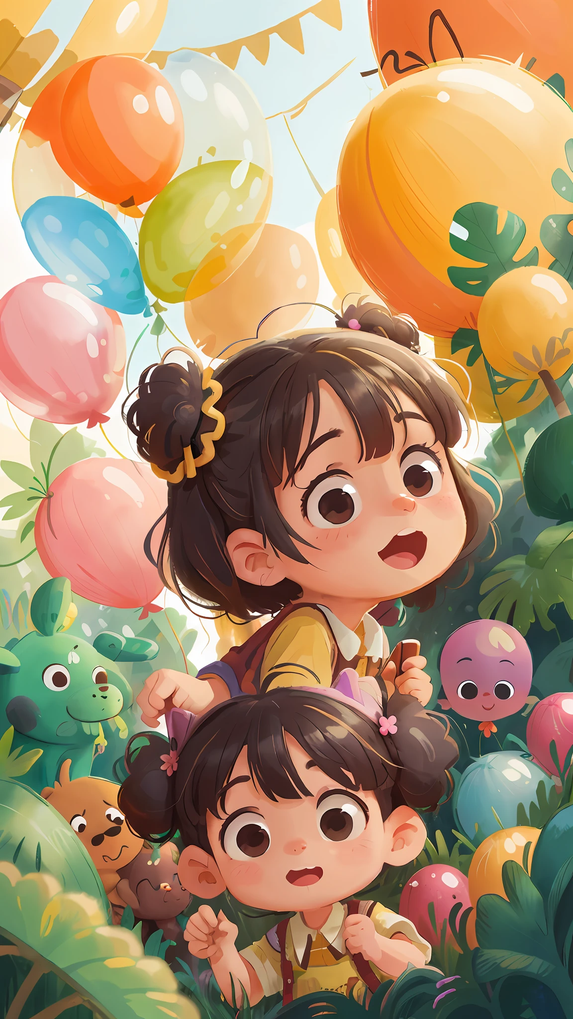 A girl with a zoo, many balloons, happy, happy, perfect quality, clear focus (clutter - home: 0.8), (masterpiece: 1.2) (realistic: 1.2) (bokeh) (best quality) (detailed skin: 1.3) (intricate details) (8K) (detail eyes) (sharp focus), (happy), children's day, lollipop, cute expressions