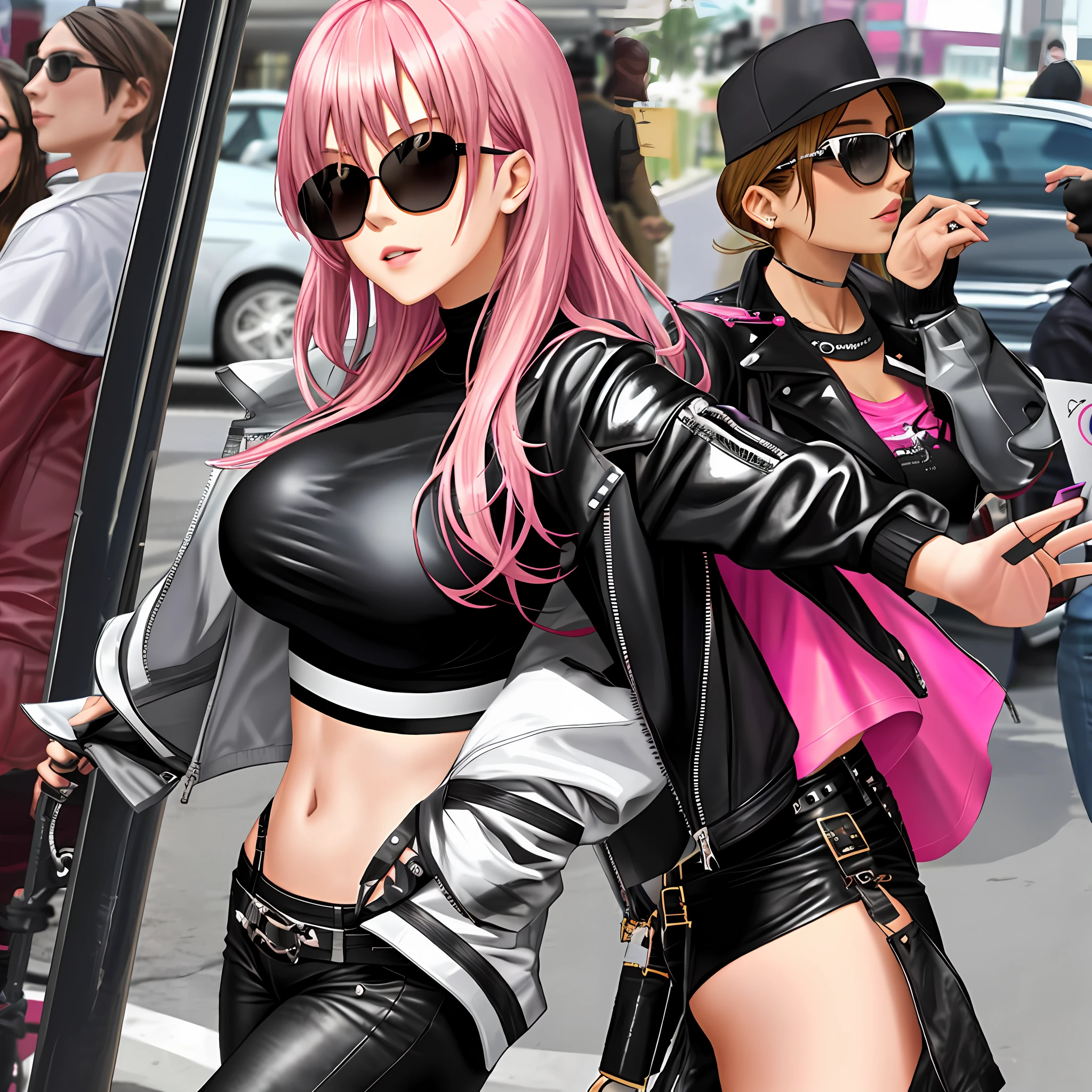 Leather Jacket Pink T-Shirt Leather Pants Big Tits Sister Beauty Sunglasses