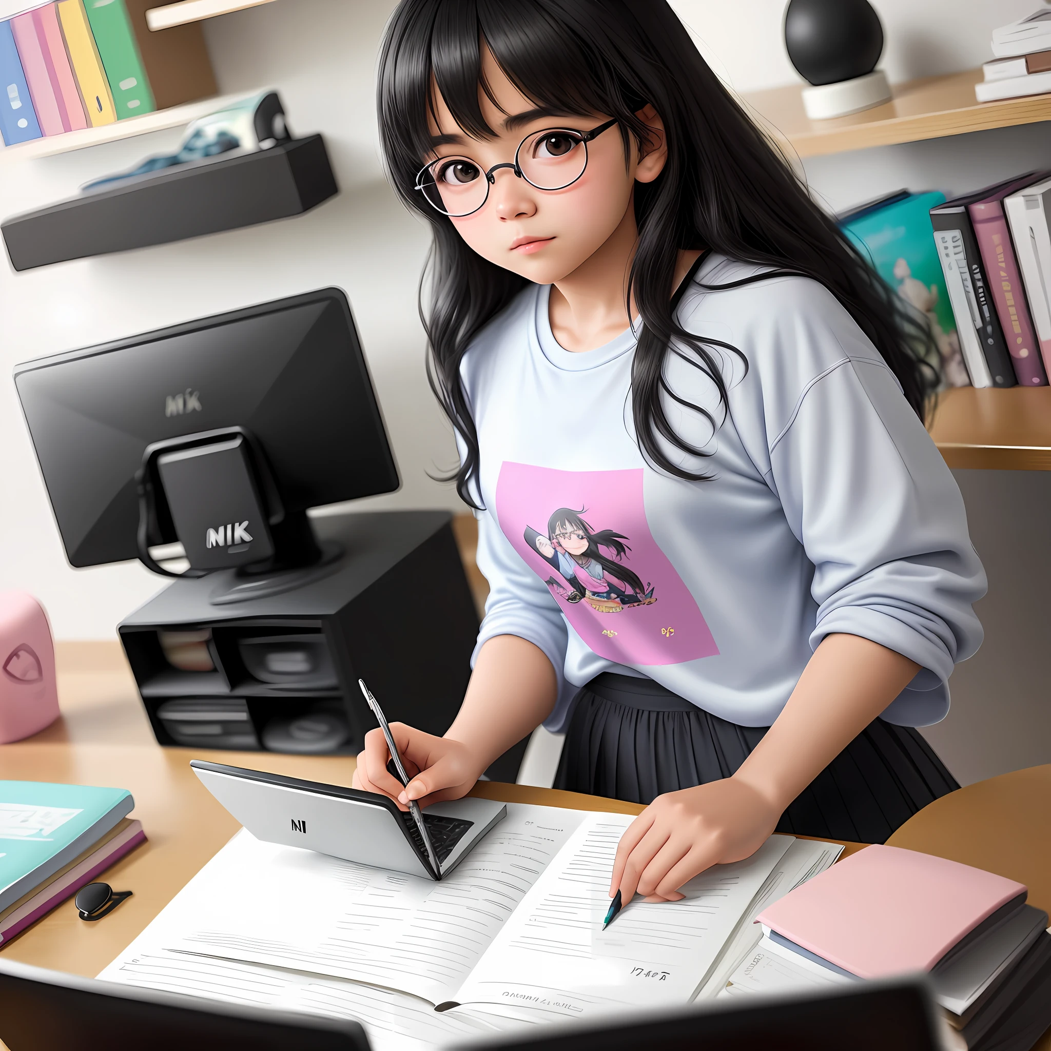 4k, realista, charismatica, muito detarhada, "ultra-realistic 12 year old girl with black hair and round glasses, Japan person, pink anime girl and drawing in white t-shirt. She is in a modern office with white bookshelves, studying, looking at notebooks, at a table cluttered with study materials, laptops and Harry Potter mugs. Next to it is a professional Nikon camera. Her expression is one of concentration. It's a realistic view in pastel colors, with a 1.80m tall person looking at it from a 30-degree angle."