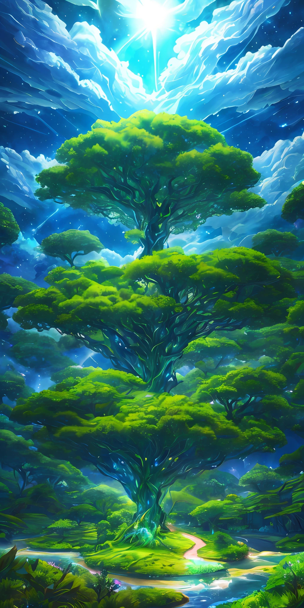 Illustration of a surreal, otherworldly, hyper sky scene including a giant crystal tree full body, highly detailed and magical lighting, intricate forest details, vegetation and surrounding river, solar punk, landscape, giant tree , beautiful green leaves, beautiful lighting and realistic proportions, as if this is a movie background, 8k, highest quality, masterpiece, clouds and stars in the sky.