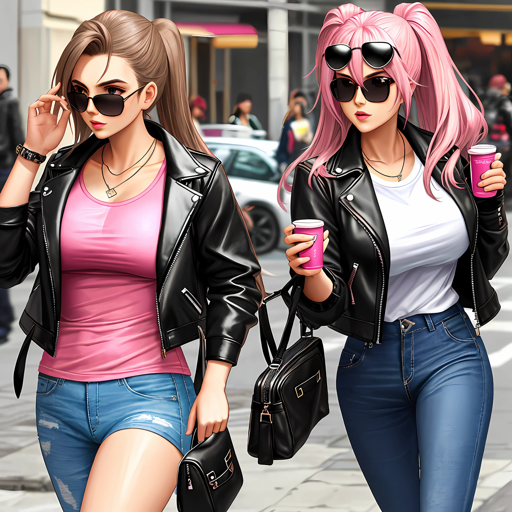 Leather Jacket Pink T-Shirt Leather Pants Big Tits Sister Beauty Sunglasses