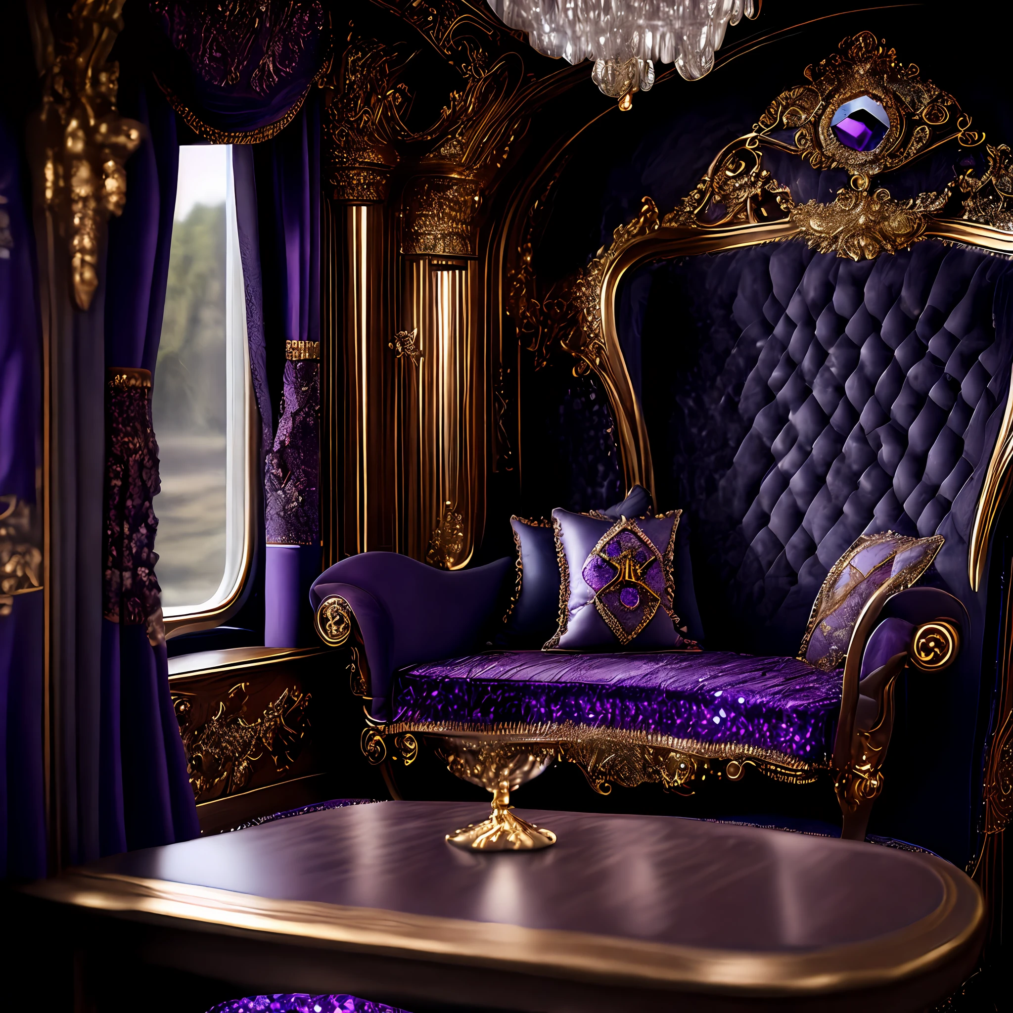 A steam train interior, carriage interior, violet gemstone embellishments, crystal rough, dark style, princess in gemstone dress sitting on sofa, baroque elements, walnut table, gold, prestige, luxury, masterpiece, hyperdetail, realistic style, super real, complex elements, photography