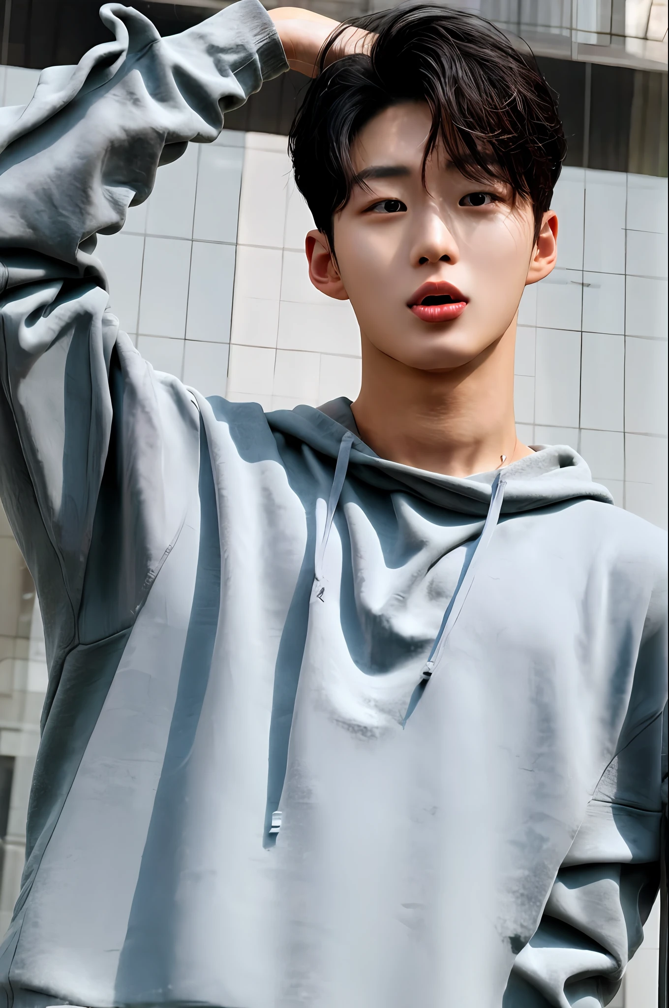 oppav3, (masterpiece, ultra quality, high resolution, 8k, intricate: 1.2), (detailed face:1.2), handsome, Young Korean man ,white skin, double eyelids , detailed skin, 1boy, ((realistic)), abs, good lighting quality, muscle veins, ((pale skin)), flexing, (tongue out and mouth open:1.2), (eyes looked up:1.3),(drooling from tongue:1.5), low angle, lust face