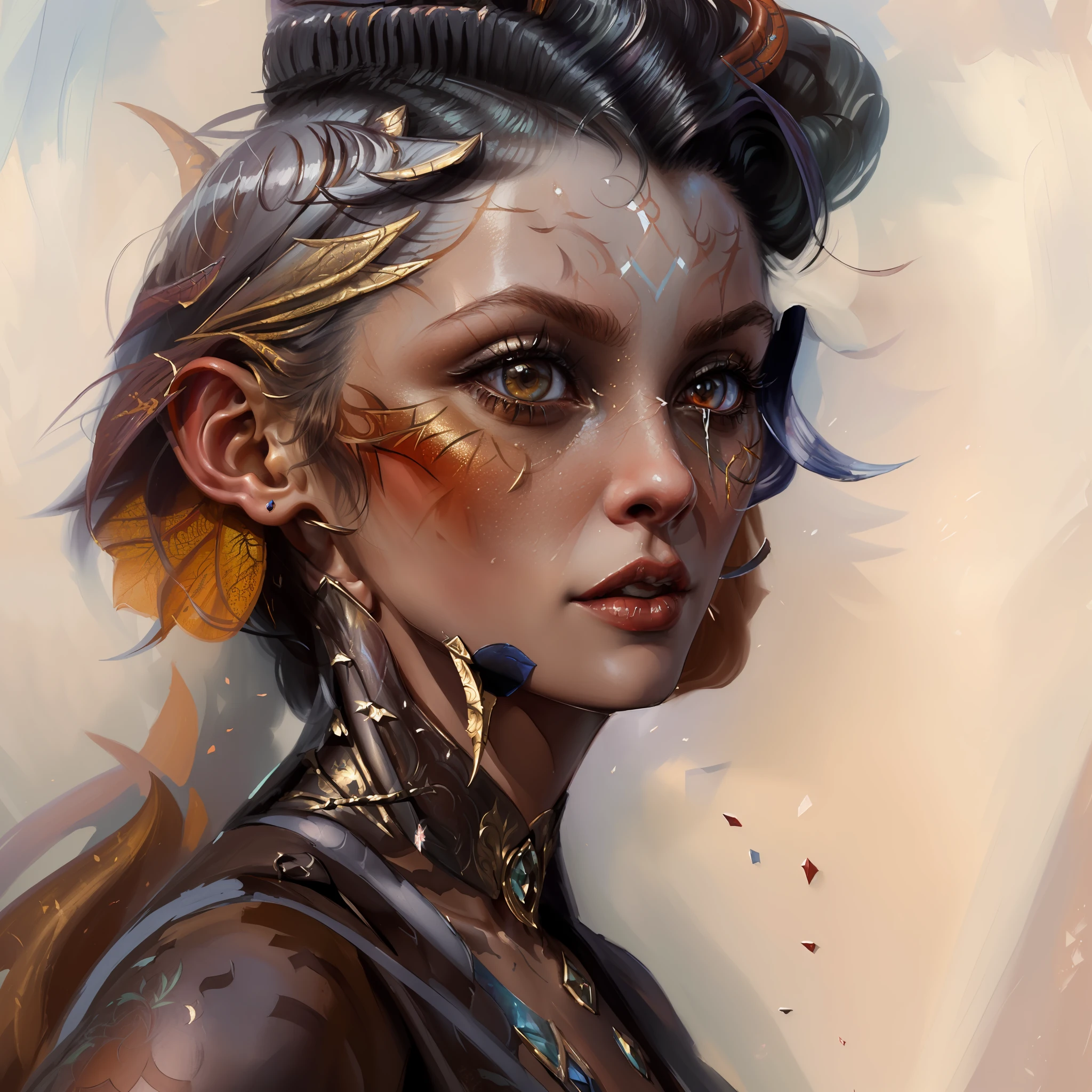 (((Masterpiece))), (((Best Quality: 1.4))), ((Super Detail: 1.4)) , hyper detailed gouache painting of a female Tiefling, gorgeous exotic features, hyper detailed surprised expression on her face:1.5, detailed textures, tattoos, natural skin shader, volumetrics, warm undertones under her skin, ultra High resolution