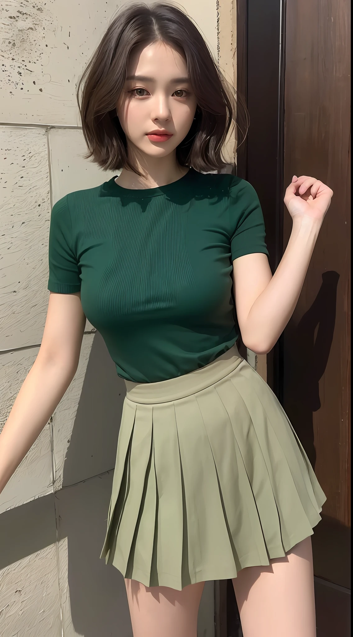 ((Midnight, Excellent, 8K, Masterpiece: 1.3)), Full body, Long legs, Focal length: 1.6, Perfect Body Beauty: 1.4, Slim Abs: 1.1, ((Short dark brown hair, micro-breasts), (Green skinny T-shirt, Black pleated skirt, Standing: 1.2), (Bustling urban open area,), Highly detailed face and skin texture, Fine eyes, Double eyelids
