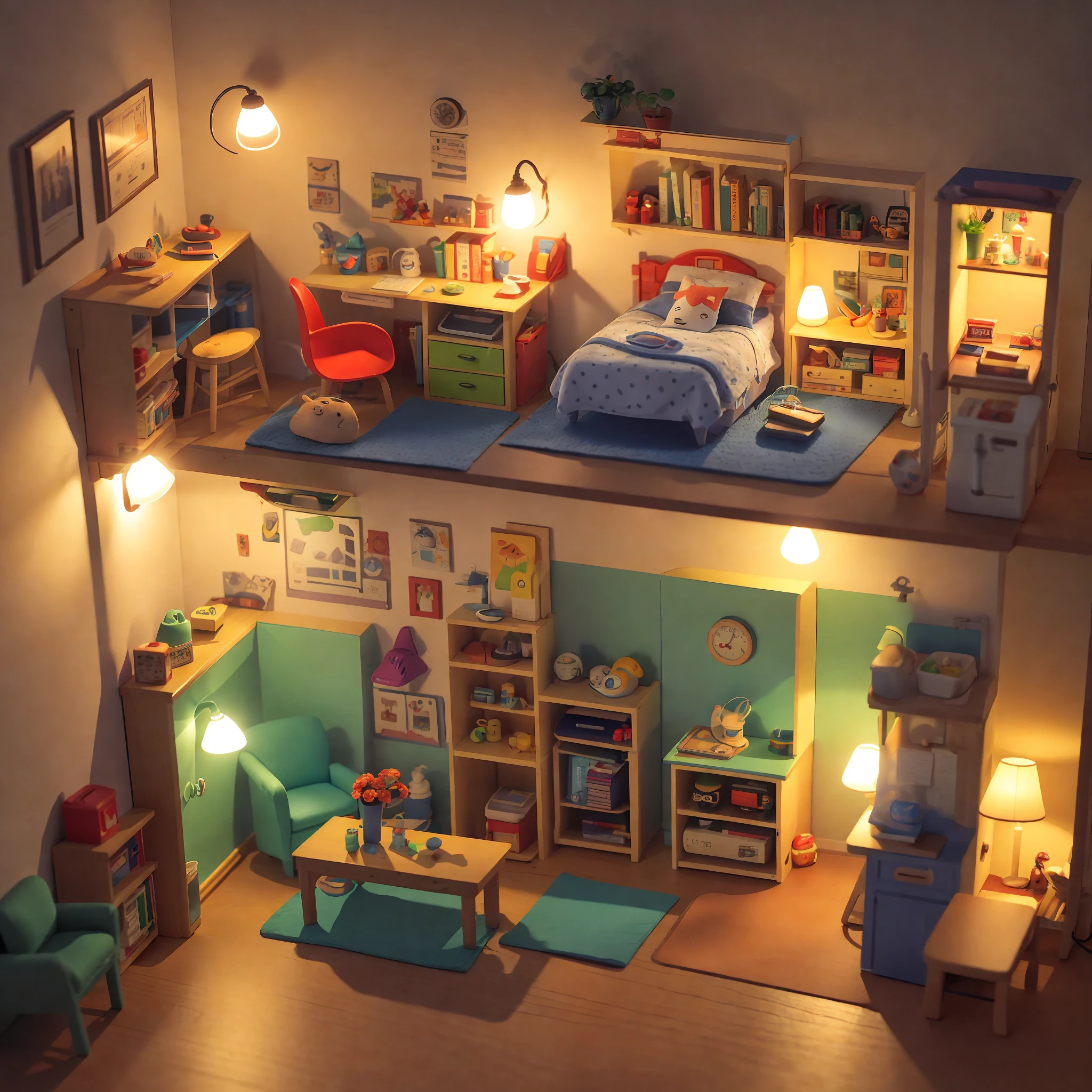 (Pixar style),A model of a cozy small room, miniature figure model, light source from right to left, 10 Rumbrandt lighting, light source from right to left, (isometric view), (top-down), realistic scale, post-processing, ((orthogonal perspective)), super detail, realistic, super realistic, realistic render, rainbow color