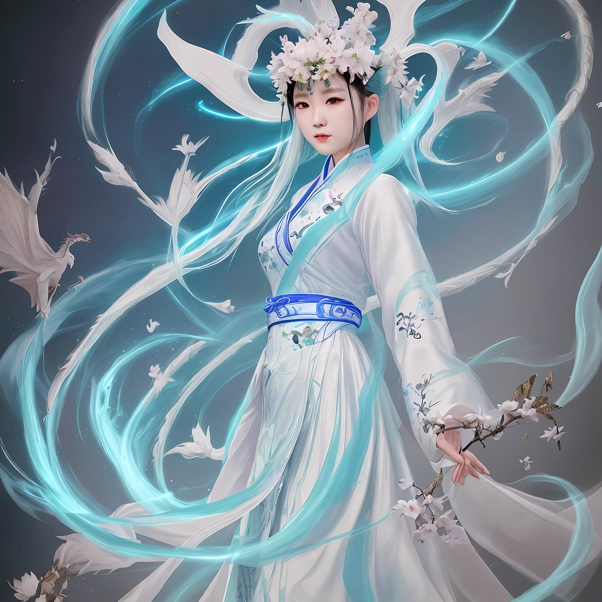 (costume design), dragon elements, Chinese style, full body close-up, flowers, white Hanfu, ink danqing, fantasy style clothing, Chinese clothing, Hanfu, flowing dragon silk, clothing design, smooth cyan tight clothes set, spirit, clothing, game, 8k, fantasy, magical, amazing