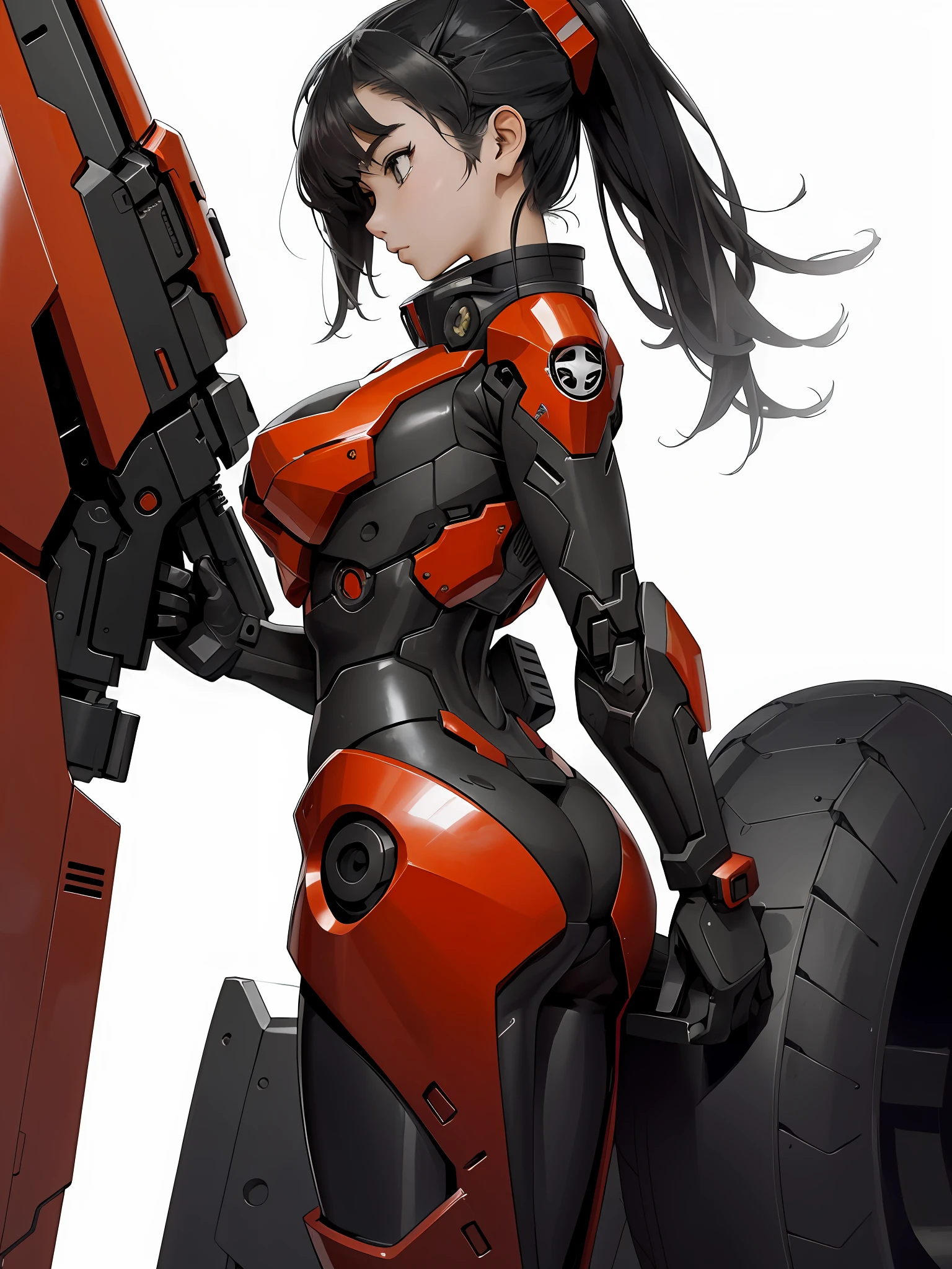 1girl, solo, black mecha suit, minimalism, gun, side view, bright red background, simple background, Fisheyes, masterpieces, top quality, best quality, official art, beautiful and aesthetic, illustration, large butt, large breast, raise the butt,