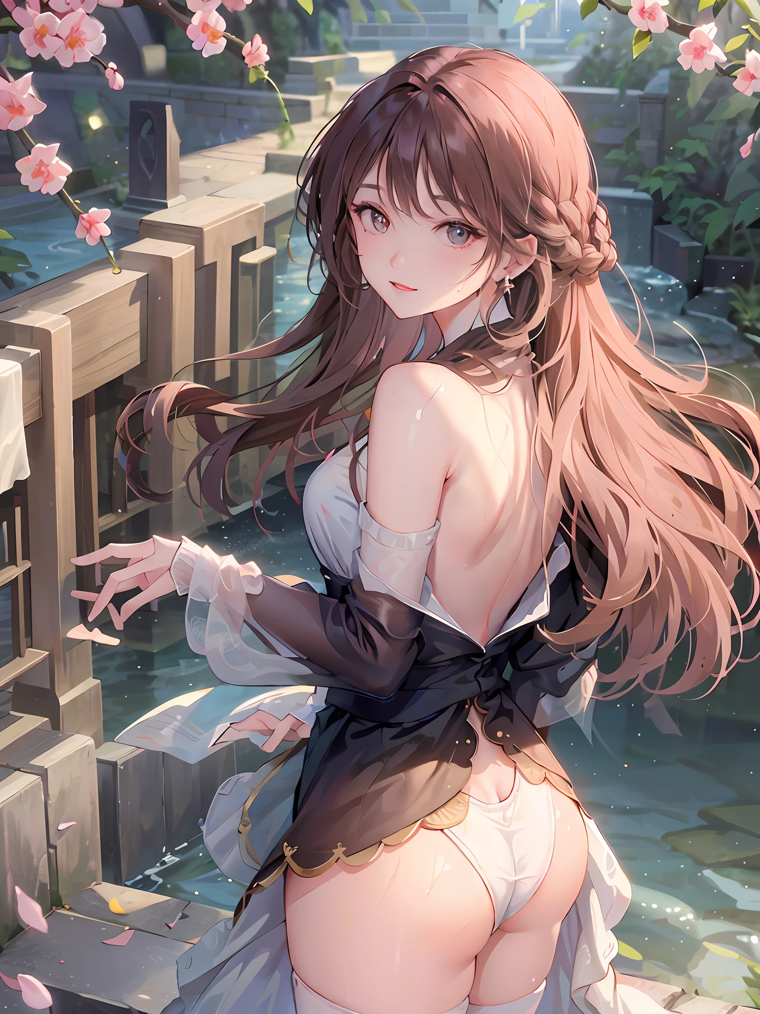 (Official Art, Masterpiece, Sharp Focus), 1 Woman, Delicate Hair, Eyes and Face, Smile, Real Touch, Background Blur, Cute Beautiful Buttocks, (Split to Thigh), Sexy Back, Landscape, Long Straight Hair, Sexy Expression, Architecture, Gorgeous Colors, Thin Clothes, (Wet), Delicate Body Highlights, White Socks Mysterious and Elegant, Garden Walk, (Medium Photo), Necklace, Earrings, Jewelry, Upper Body, Epic Background