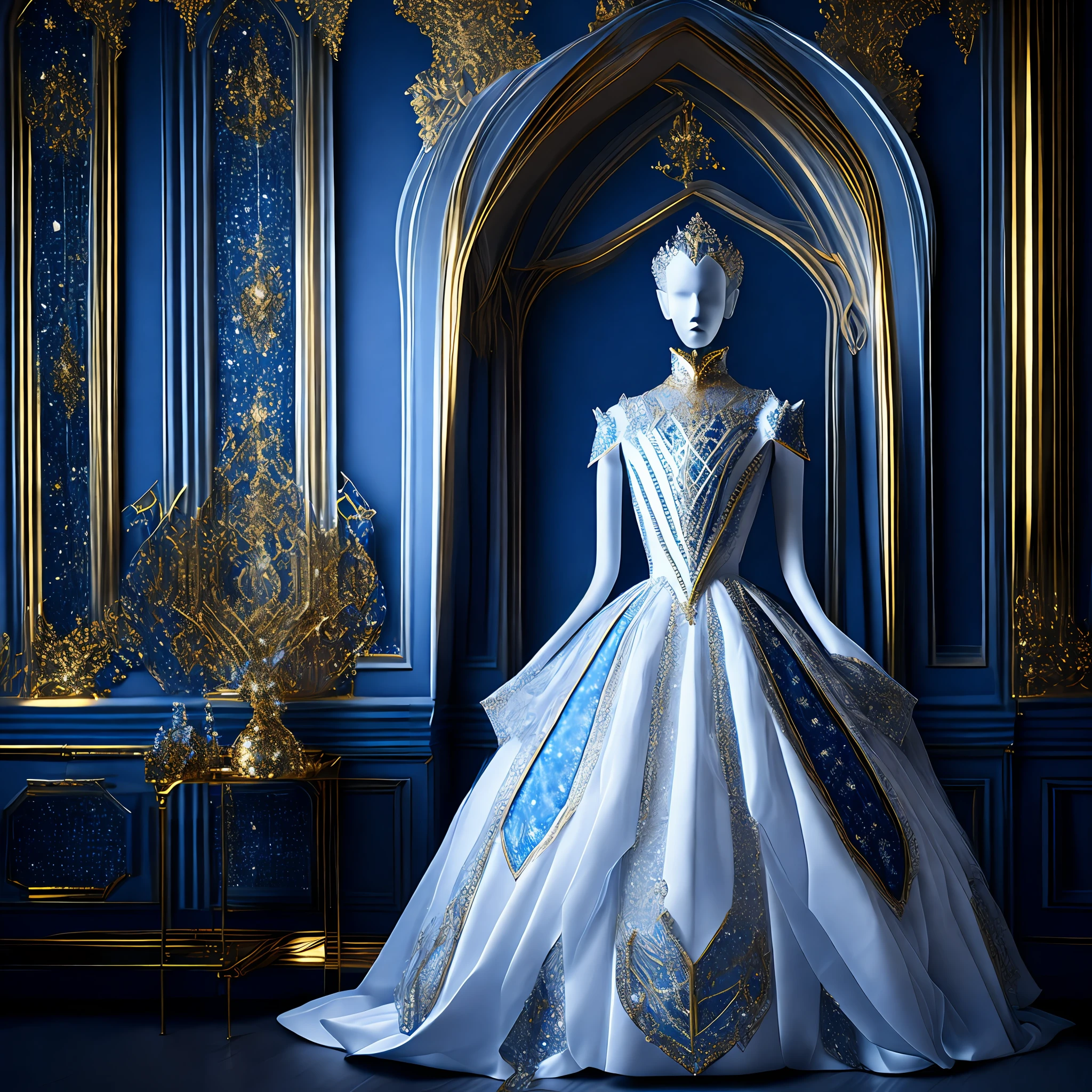 Gothic style room, gold lines, a dummy model, wearing a gorgeous white diamond dress, sapphires, masterpieces, hyper-detailed, realistic style, super real, complex elements, photography