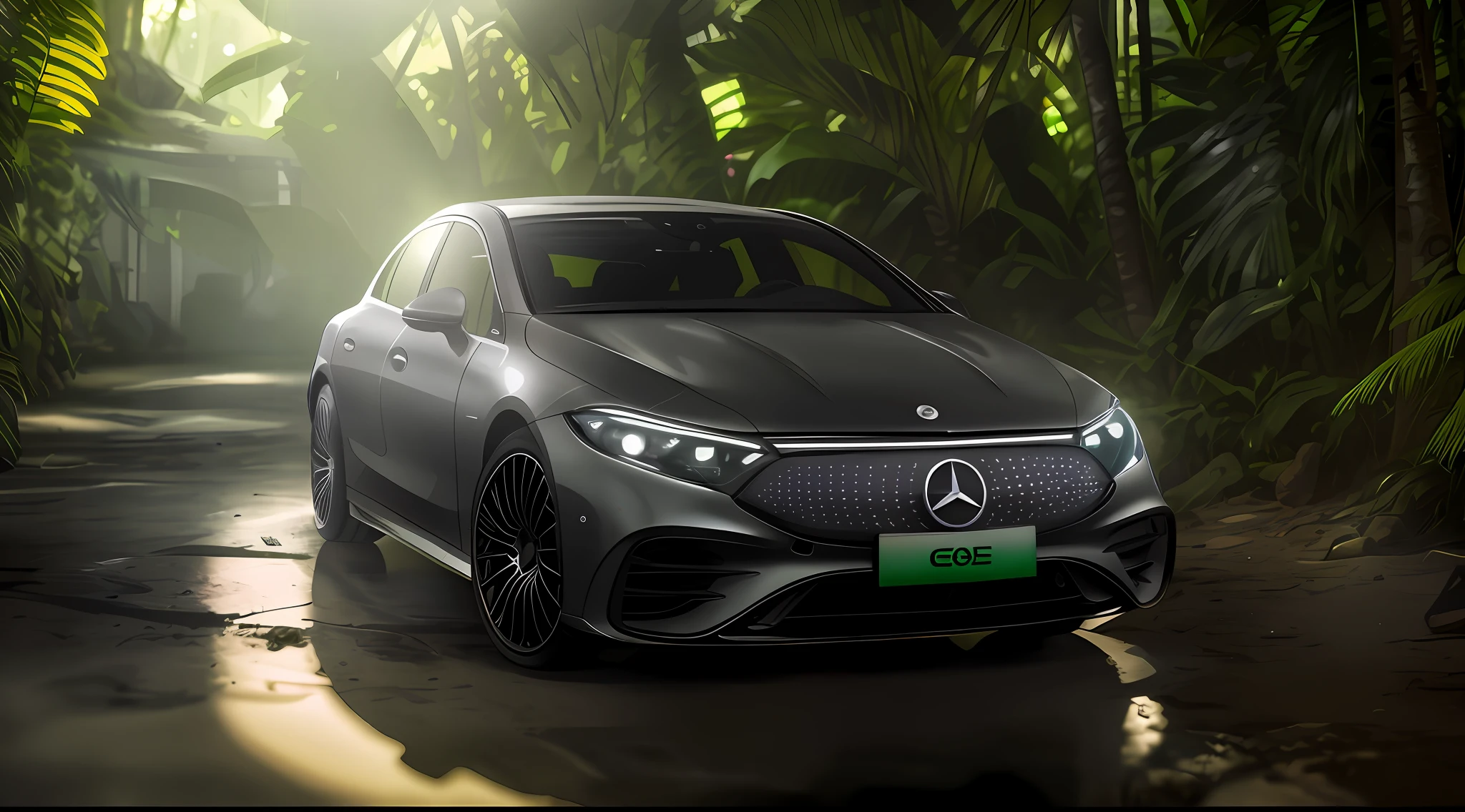 |First Person Shooter|Set in the Jungle, There Are |Lots of Video Game Action|,|Mercedes ESQ|,Morning Light, Wide Angle, Anime Style Rendering, 8K UHD, Studio Quality, Ultra Realistic, Maximum Detail, Massive Scale, Post Processing, Realistic, Photo Realism, Photoshop, Photography, Ray Tracing, Octane Rendering