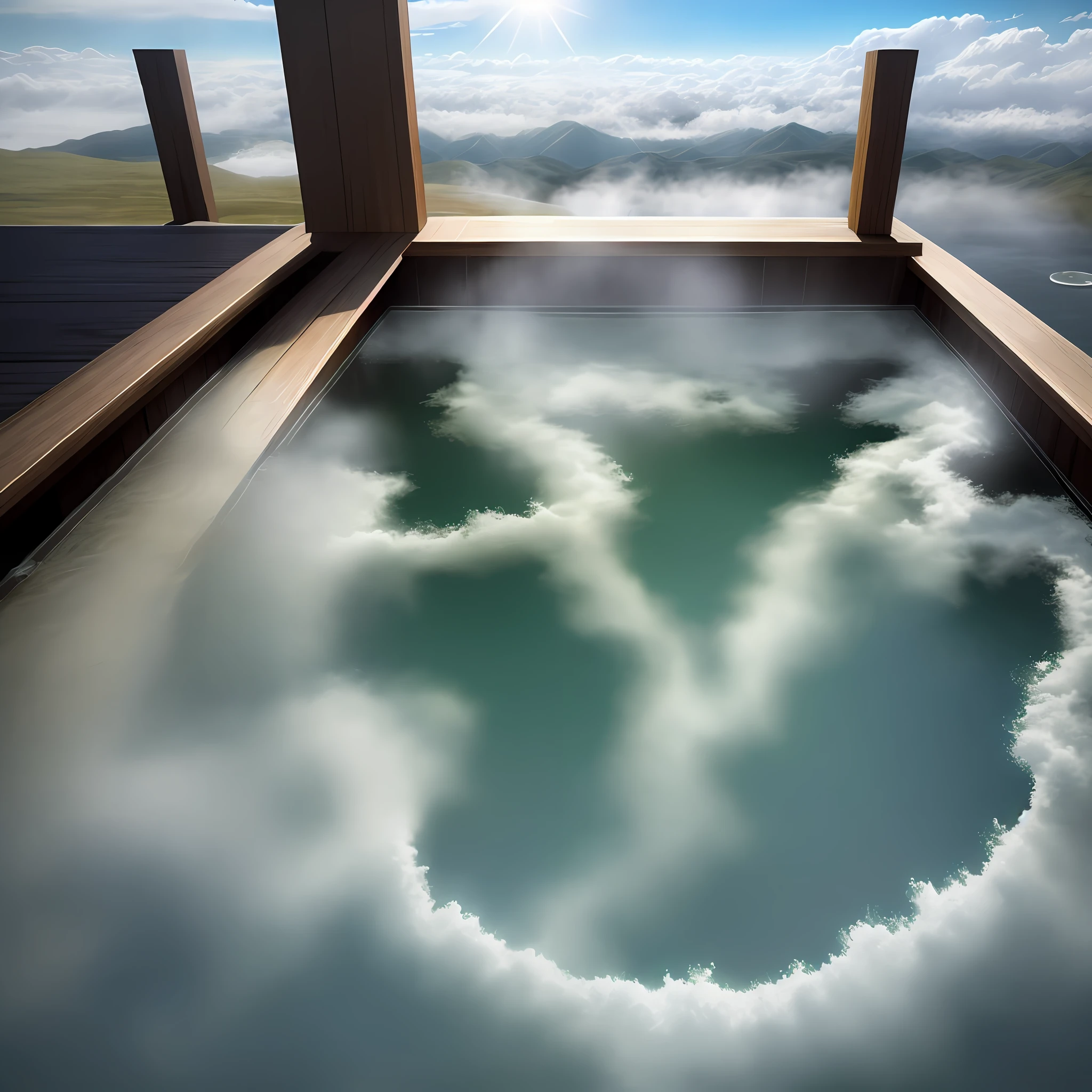 Huge open-air bath floating in the sky Hot spring Great view Highest quality ultra high resolution 8K masterpiece