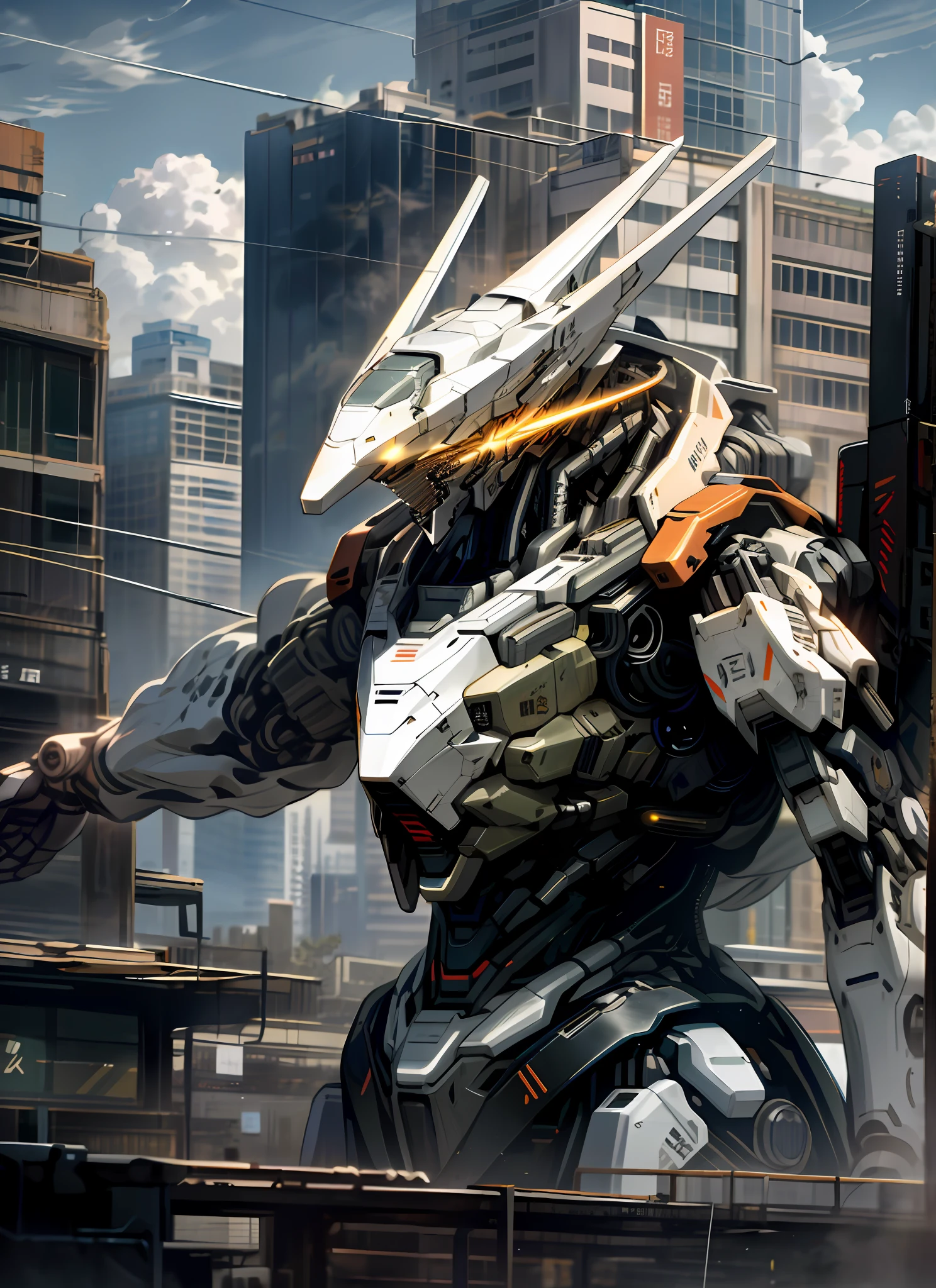 sky, cloud, holding_weapon, no_humans, glowing, , robot, building, glowing_eyes, mecha, science_fiction, city, realistic,mecha