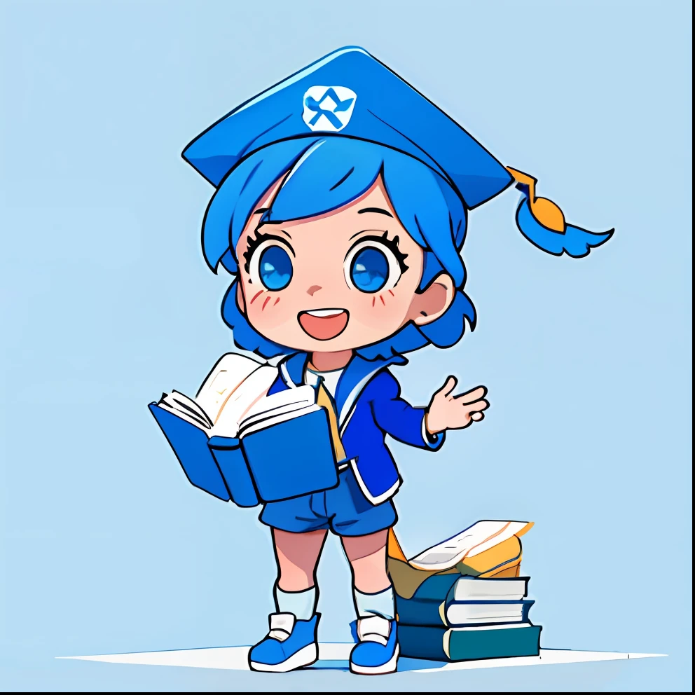 Cute smiling child, open mouth, standing alone, shorts, simple background, (((nothing background))), reading a book, blue hair, (((student cap)))