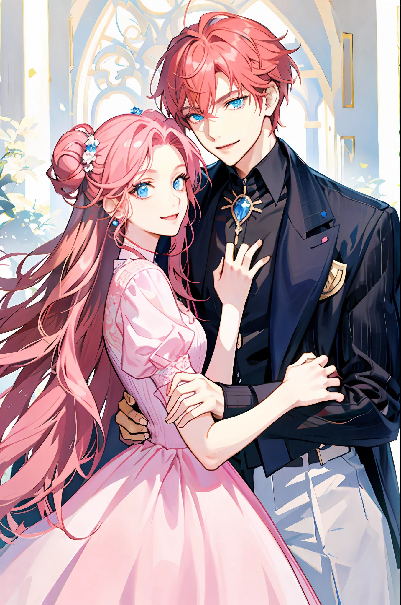 A man in a suit with chestnut hair hugging a woman with pink hair, light blue eyes, white dress, smile, detailed face, high quality